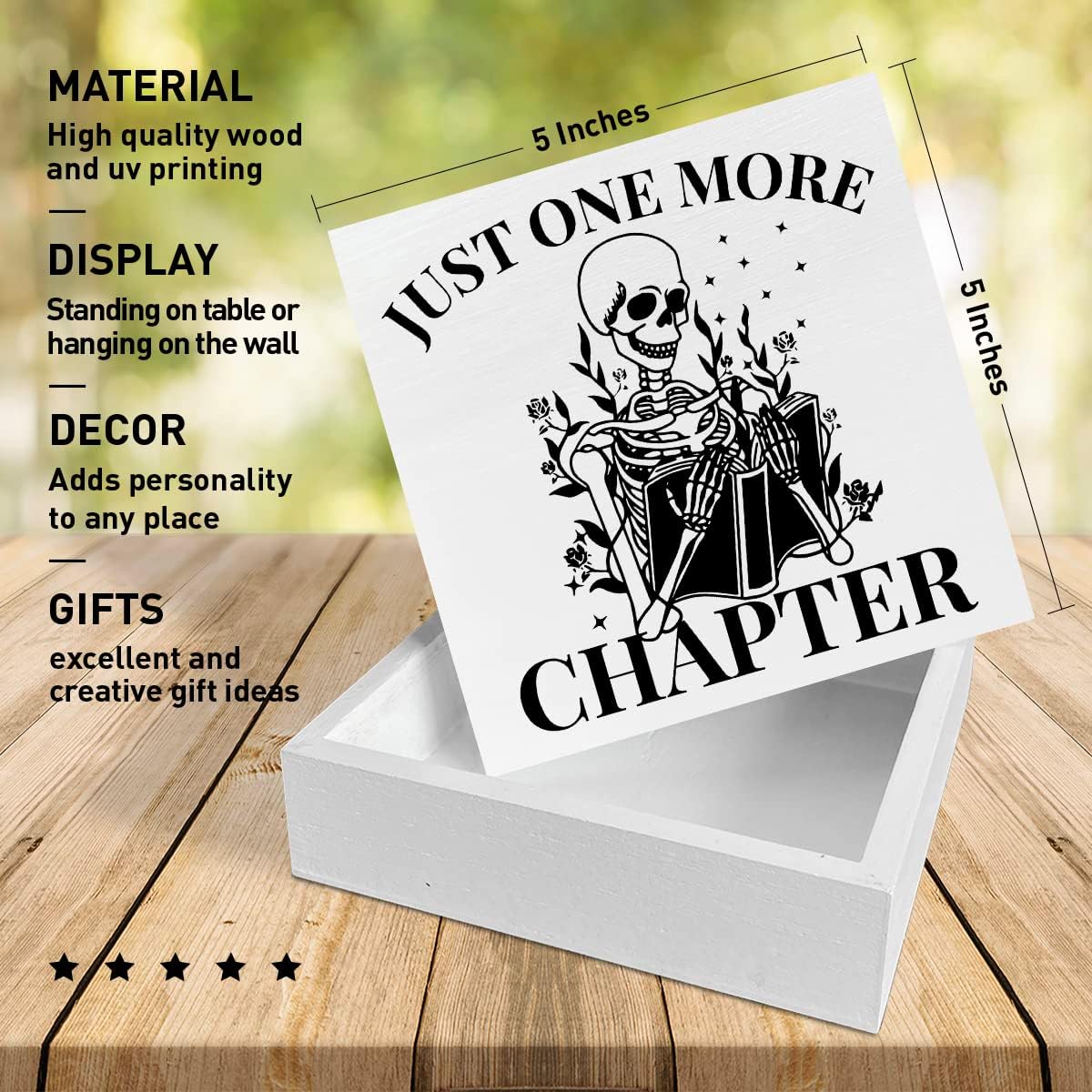Book Lover Desk Decor Wooden Box Sign, Just One More Chapter Skeleton, Book Worm Nerd Decor for Home Bedroom Bookish Reader Librarian Decoration Gifts for Women Men Teen Girls image 2