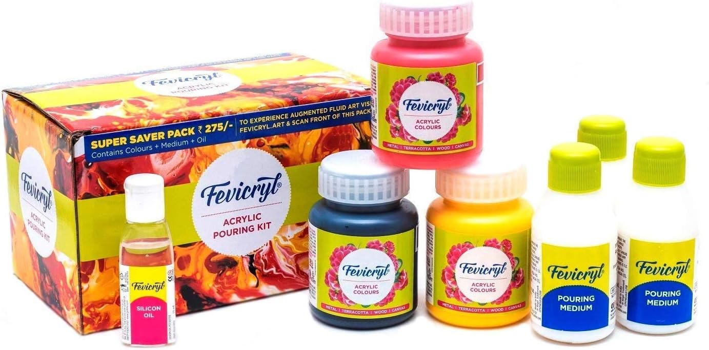 Fevicryl Fluid Acrylic Pouring Kit, 3 Acrylic Colours (100ml Each), 3 Pouring Mediums, 1 Silicon Oil