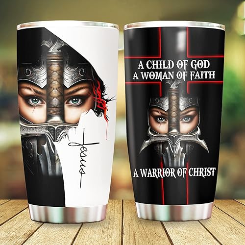 Vaso de acero inoxidable de 20 onzas con tapa con texto en inglés "A Child of God Woman of Faith Warrior of Chirst Jesus", regalos cristianos para