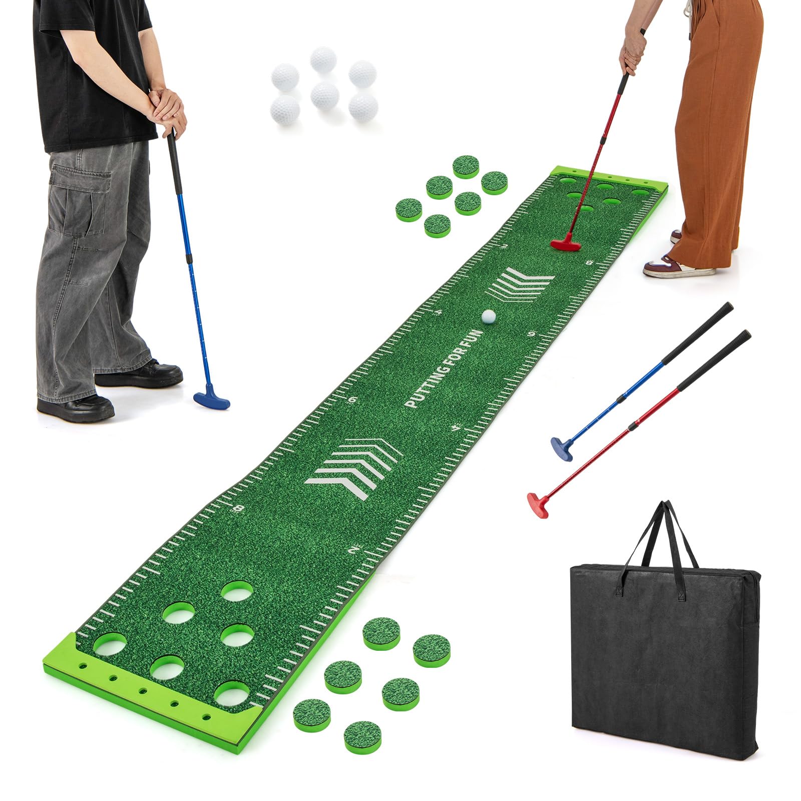 COSTWAY Juego de Golf Pong, Alfombra de Putting de 332 cm con 2 Putters Ajustables, 6 Bolas y 12 Tapas para Agujeros, Alfombrilla de Entrenamiento de Golf Interior Exterior Jardín Oficina