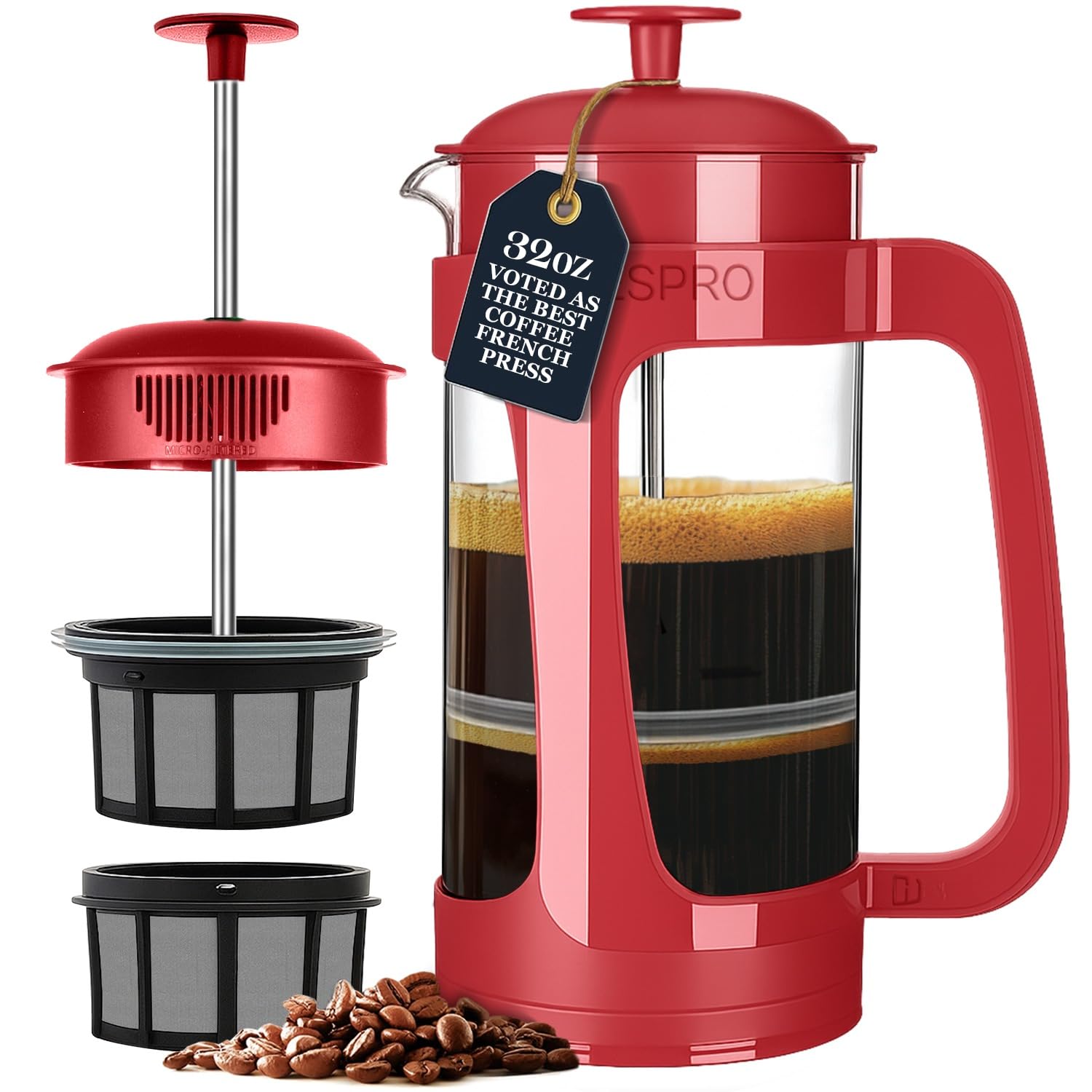 ESPRO P3 Light French Press, Doppel-Mikrofilter, Glas, 930 ml, Rot