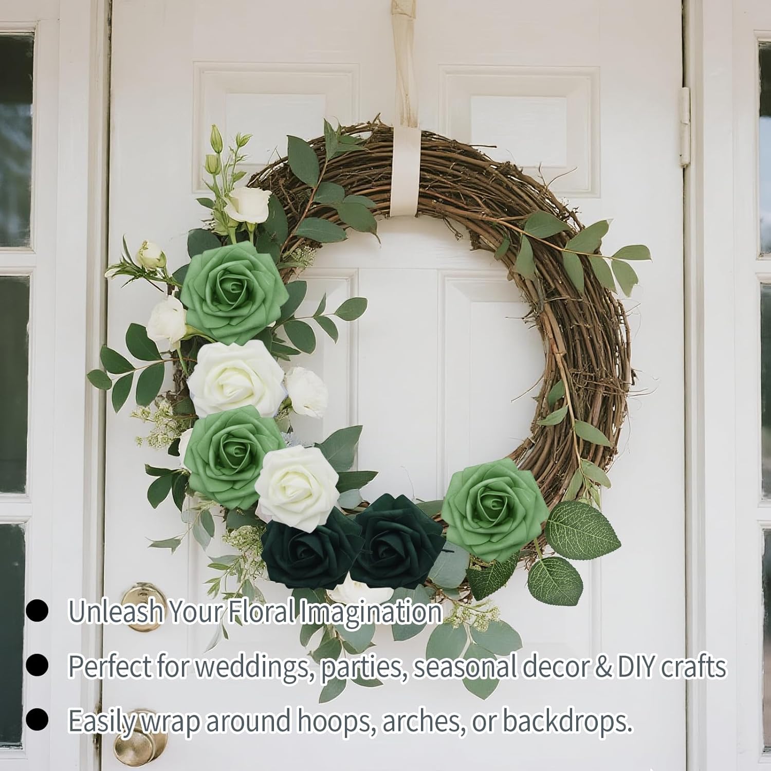 25pcs Artificial Foam Roses with Stems-Lifelike Ombre Roses for DIY Wedding Bouquets, Centerpieces & Home Decor-White to Green Gradient - Image 4