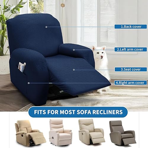Vista 256 de XINEAGE Funda reclinable de 4 piezas de jacquard elástica con bolsillo, protector de silla reclinable lavable para niños, mascotas, perros y gatos