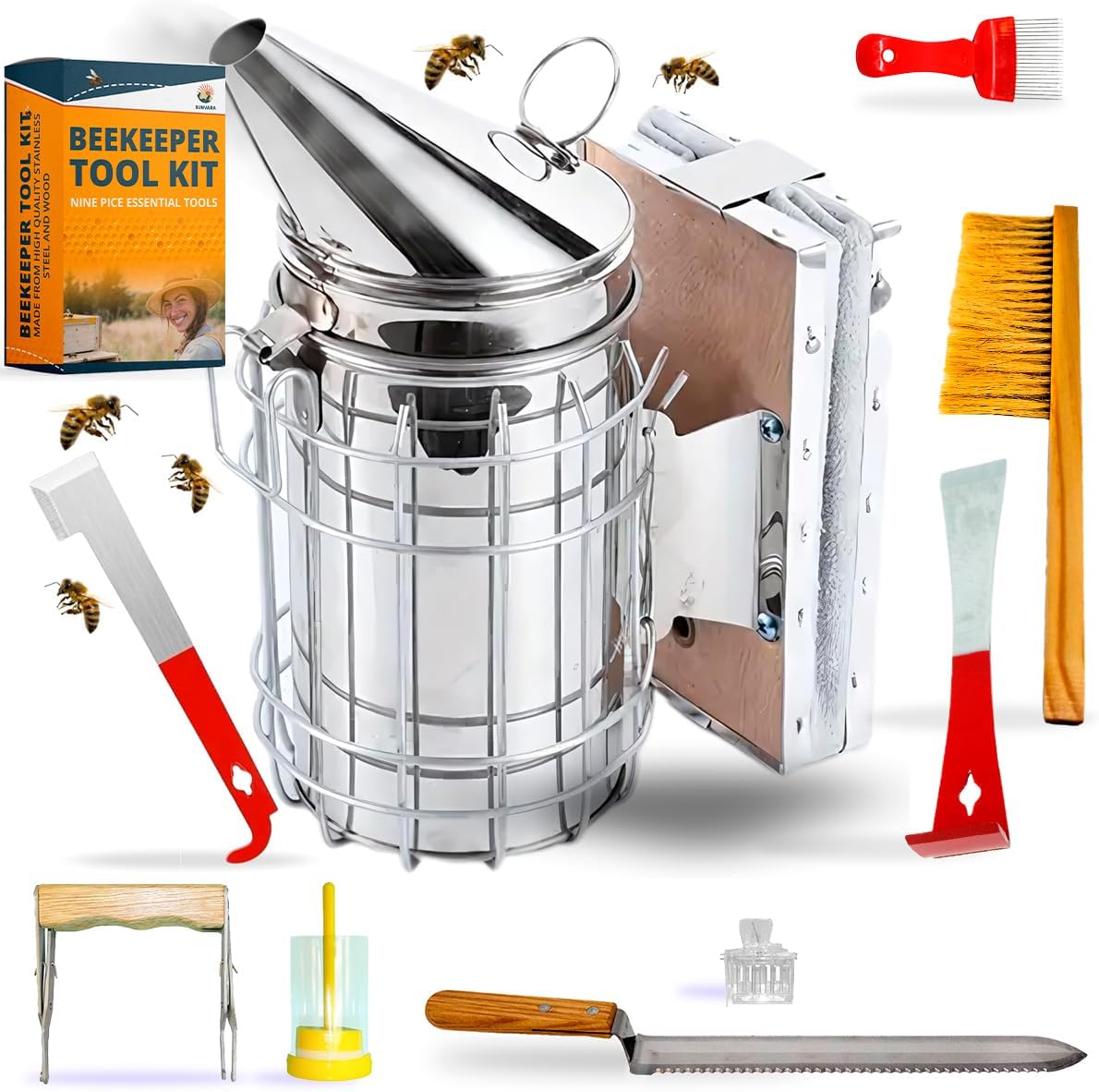 - SunVara Bee Keeping Starter Kit Beekeeping Supplies, Bee Keeping Supplies-All Beekeeping Tools Bee Supplies and Equipment, Honey Bee Hive Starter Kit Tools Beekeeping Bee Smoker for Beekeeping