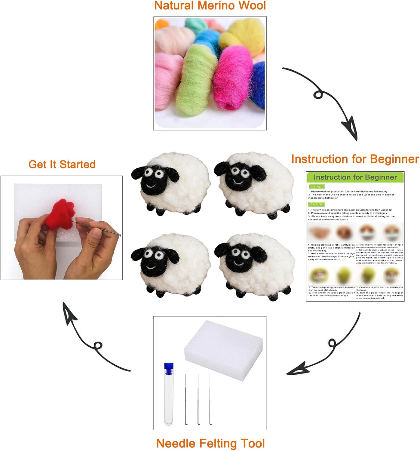 Feltsky 4 Little Lambs Needle Felting Kits Beginners with Instruction Size 2.4inch Easy for Starters DIY Craft Kit Include Everything to Make