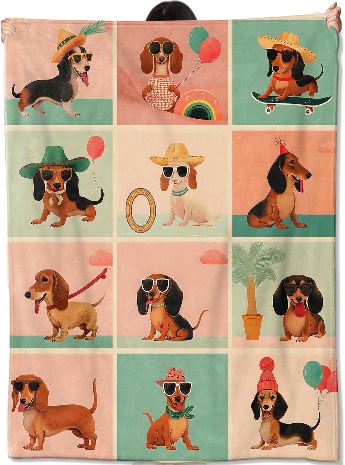 Dachshund Dog Blanket, Cartoon Dog Illustration Grid Design Lightweight Flannel Throw 50×60 for Couch Sofa Bed, Cozy Home Decor and Gifts for Dog Lovers, Dachshund Fans and Pet Themed Spaces