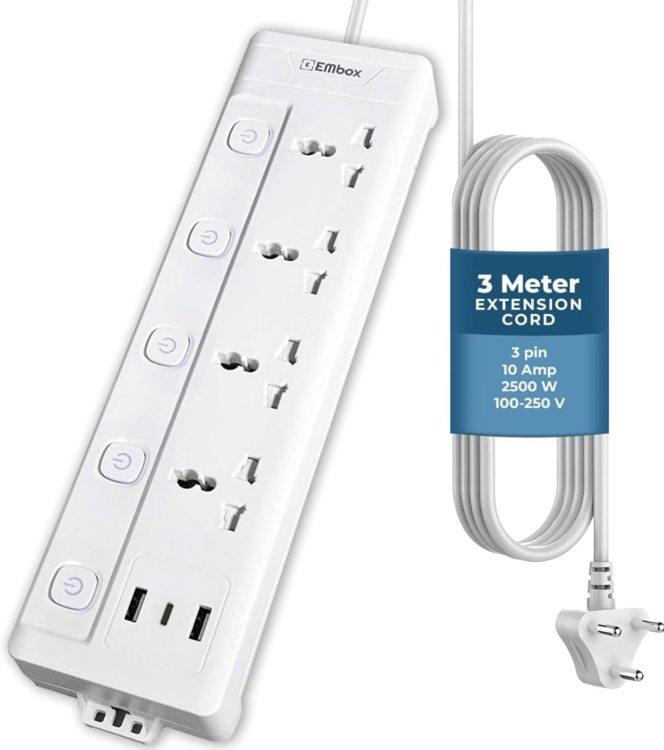 EMBOX 10A Extension Board with USB Port- 4 Universal Sockets and 3 USB (2.4 A) Charging Ports with Indicator, 2500W Heavy Duty Cable, 250 Volts (4S + 3 USB, 3mtr)-image-31
