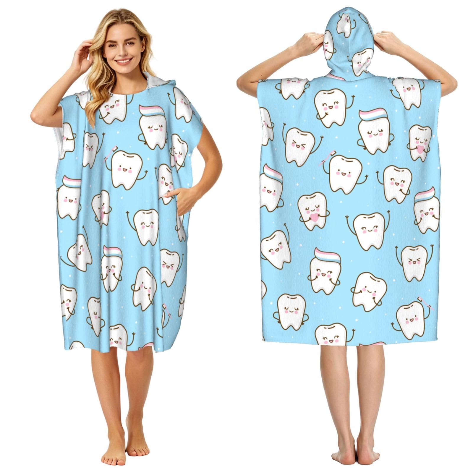 Poadnly Cute Cartoon Teeth, Adult Hooded Beach Towel 90 x 110 cm,Changing Bath Robe, Surf Poncho Towel For Women Men