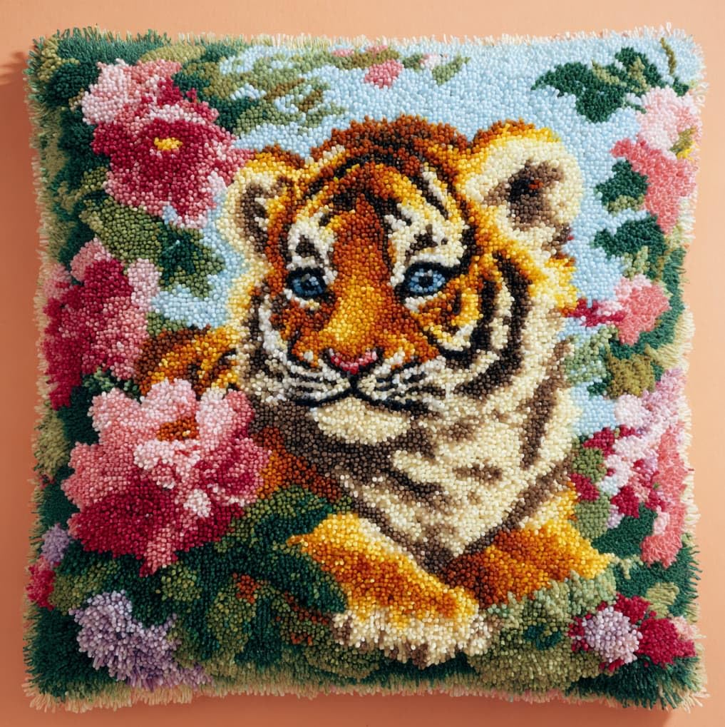 Axiangzik Tiger And Flower Latch Hook Pillow Kit 43X43cm,
