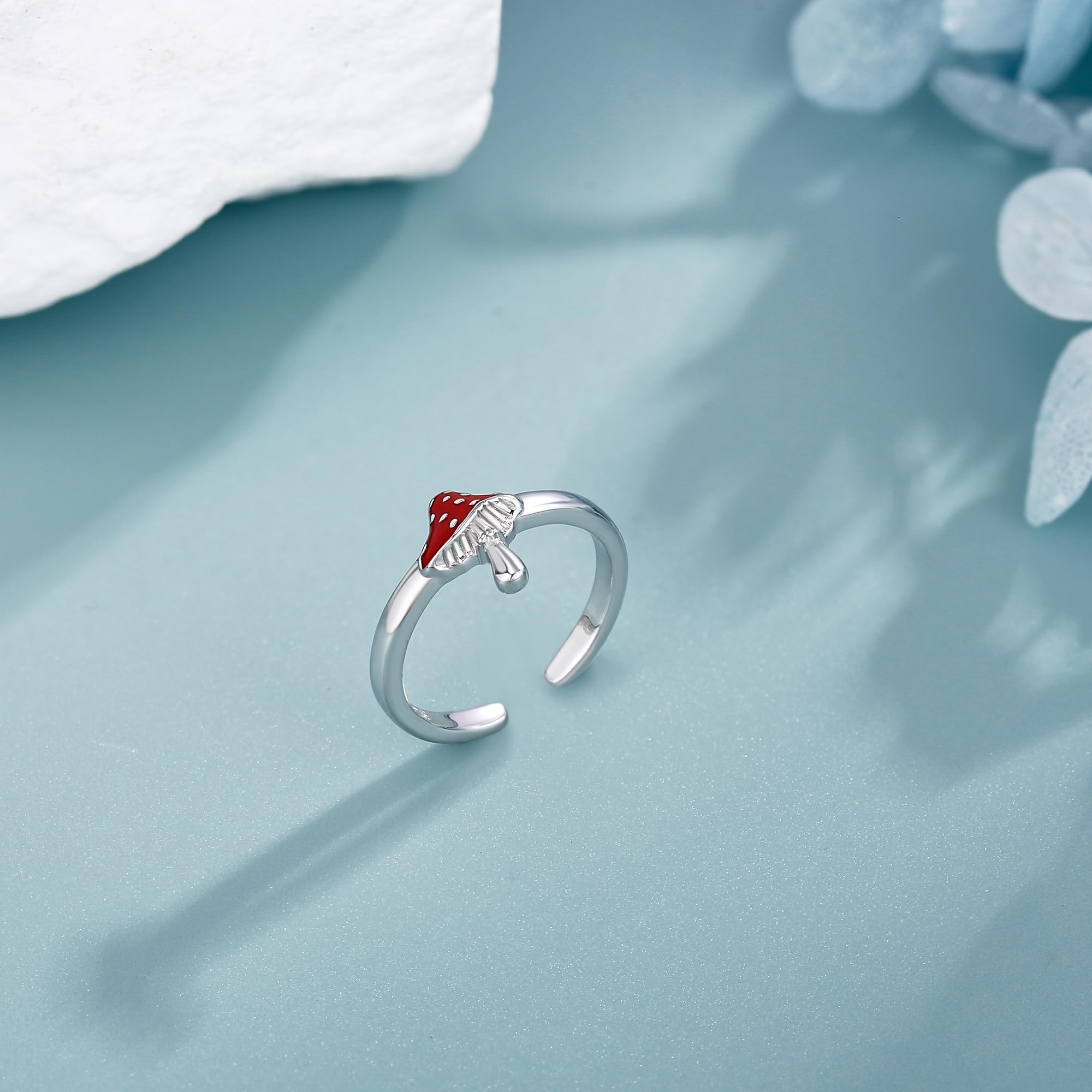 Fungo, anello per dita dei piedi, in argento Sterling con fungo rosso, regolabile, colore rosa, magico, per le donne, Argento sterling, Nessuna pietra preziosa