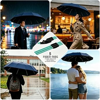 Compact Windproof Travel Umbrella, 12-Rib 3+2 Fiberglass Reinforced Frame, Auto Open & Close, Lightweight Portable Folding Umbrella, Waterproof Durable Umbrella for Daily Commute Outdoor Rain