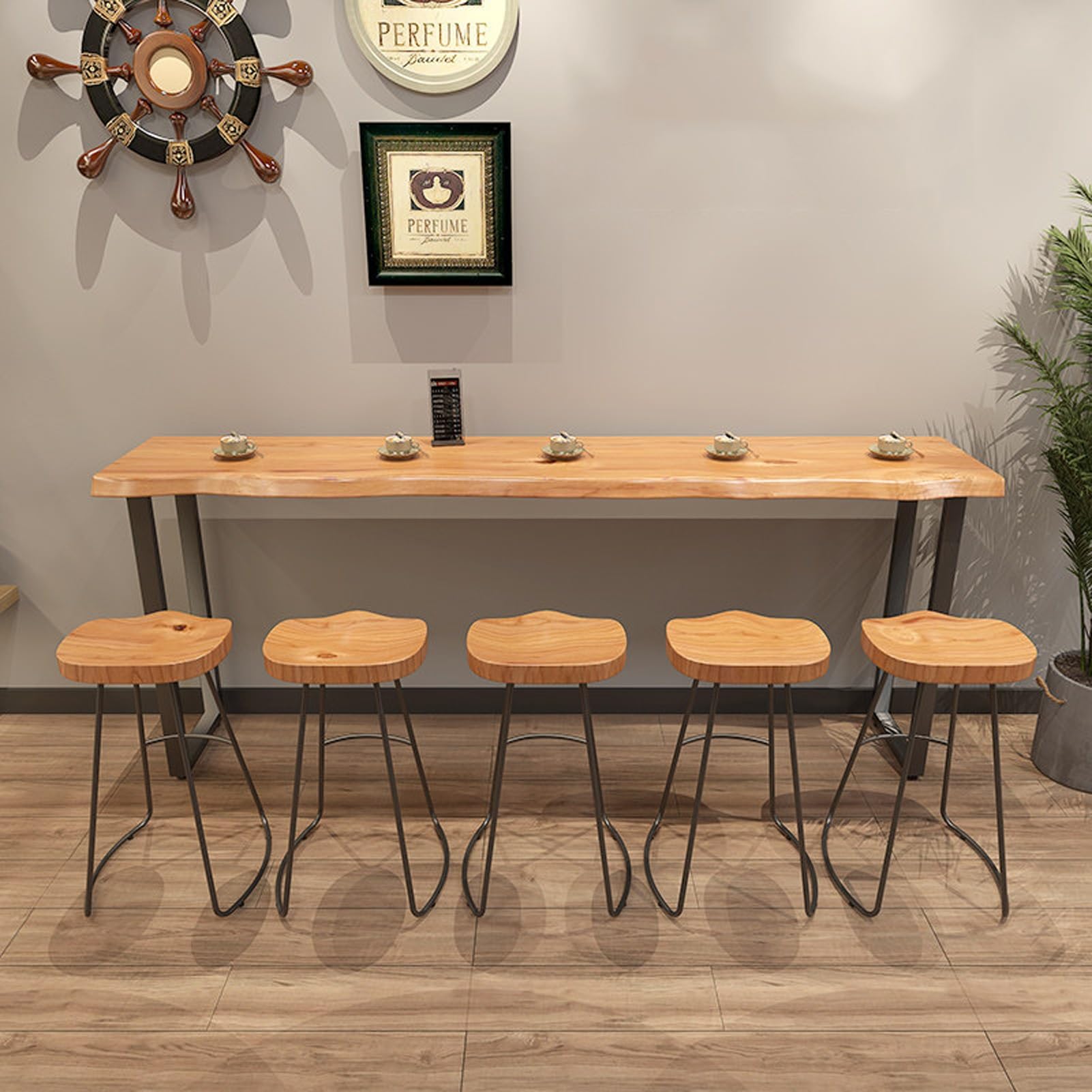 Tavolo da bar in legno massello, altezza bancone, tavolo da bistrot con gambe in metallo, design con bordo vivo, per sala da pranzo e colazione, tavolo rettangolare stretto (160 x 39,9 x 104,9 cm