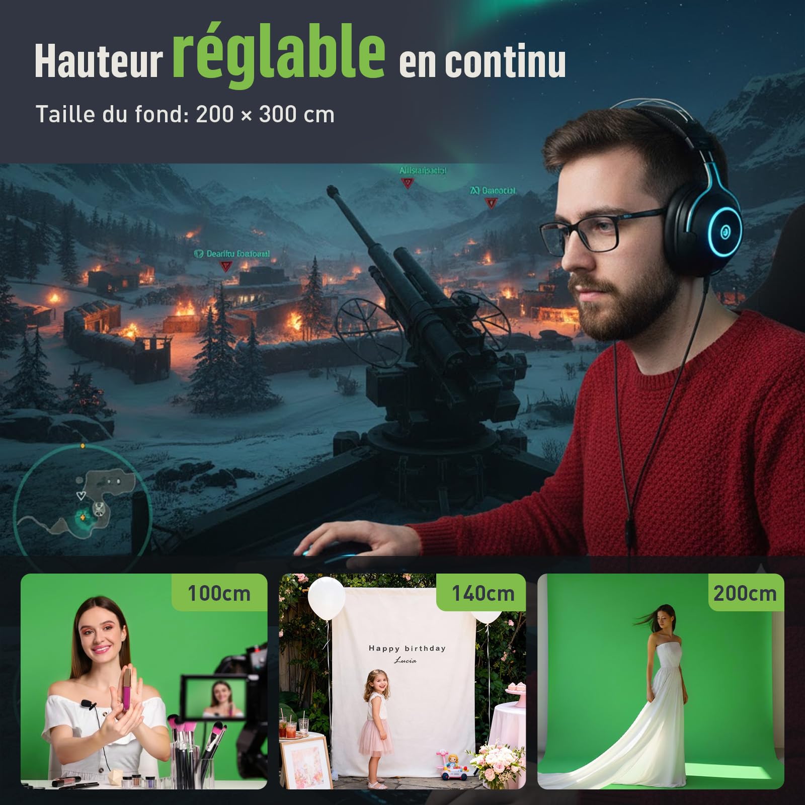 Fond Vert avec Support,1,5x2m Pliable Toile de Fond Photo Studio Green Screen pour Vidéo, Photographie, Chromakey, Jeux, Youtube