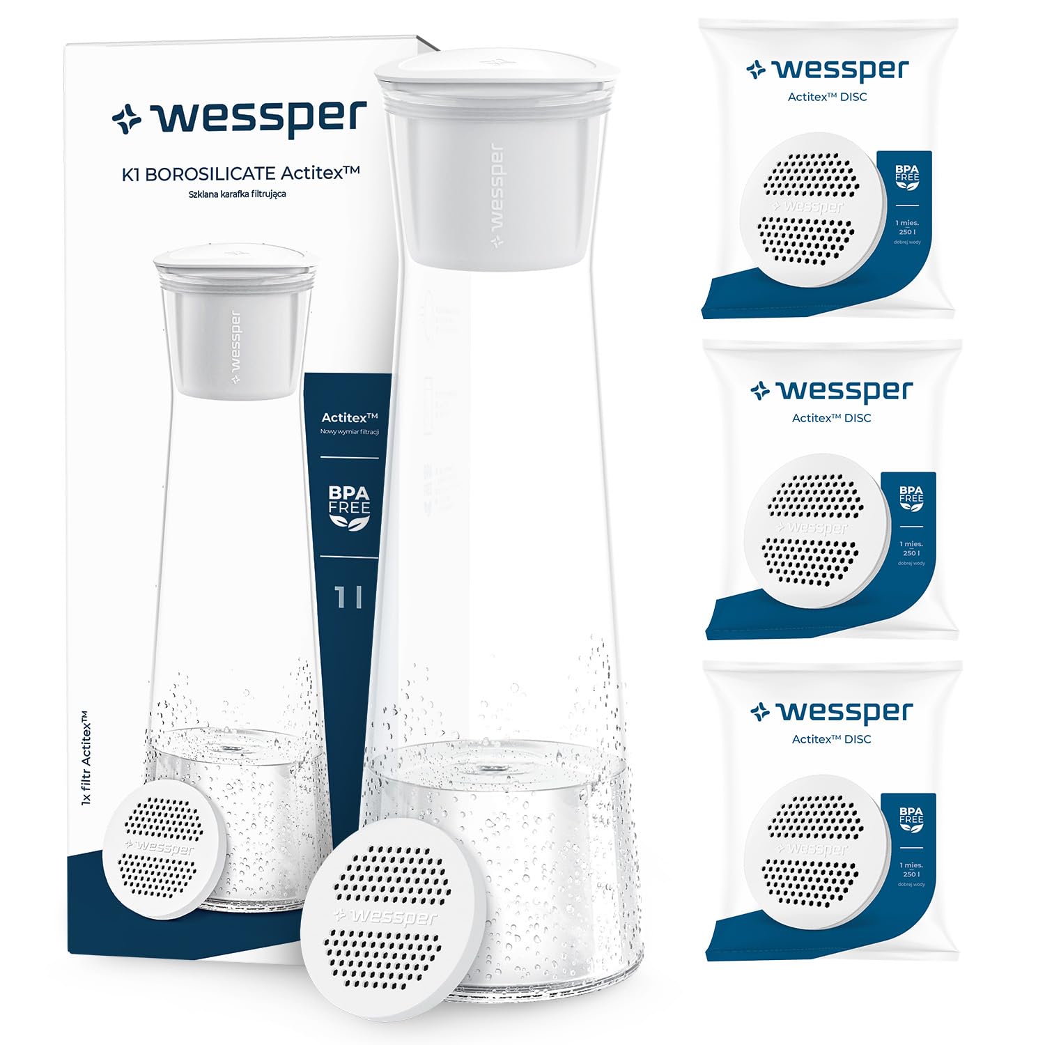 Wessper K1 BOROSCILICATE Actitex 1L Bottiglia Filtrante per acqua In vetro borosilicato, 4 Filtri Fast Disk Inclusi riduce il cloro nell'acqua, Acqua Filtrata Istantaneamente, Bianco/Trasparente