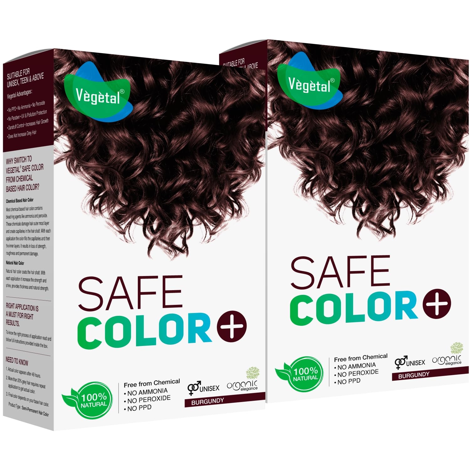 Vegetal Safe Color - Natural Hair Colour - (No PPD, No Ammonia, No Peroxide) (100g. X 2, Burgundy) Pack of 2