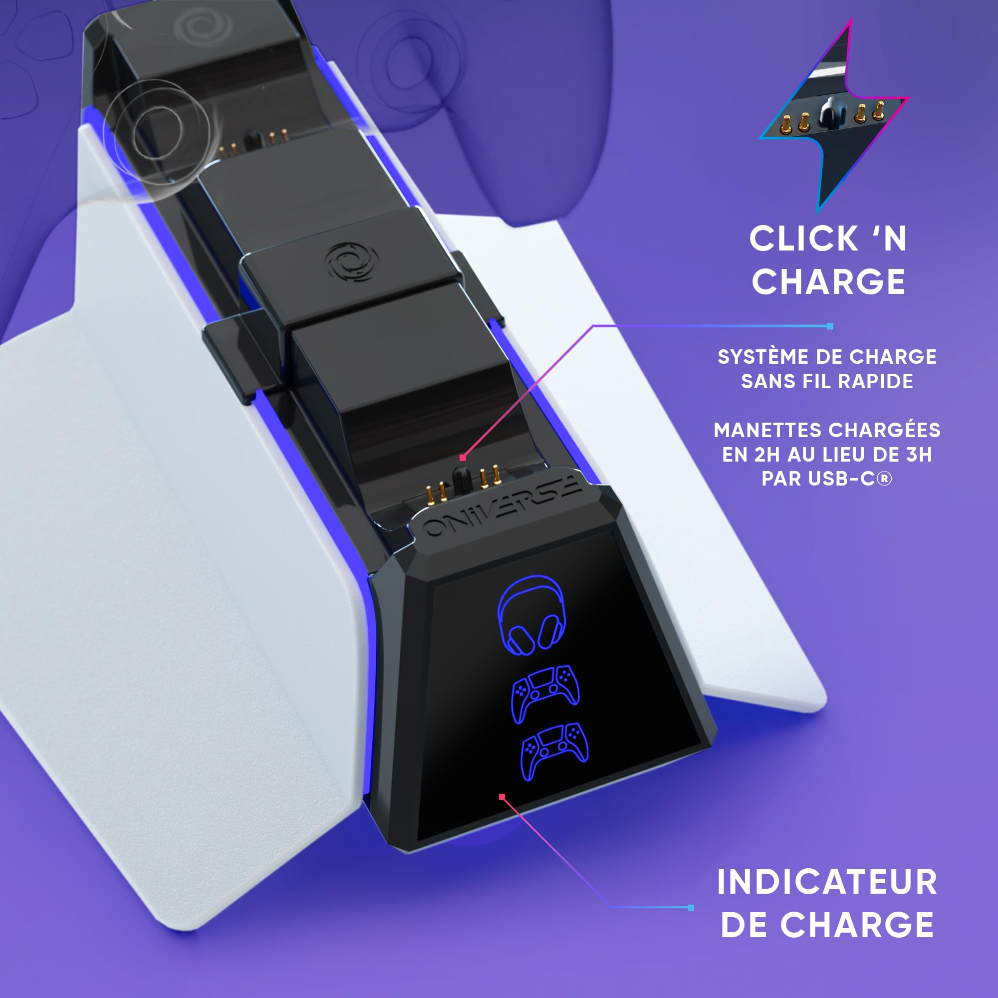 Chargeur Manette PS5 - Station de Charge Rapide 2H, Support Manette et Accessoire PS5, Double Chargeur Compatible avec DualSense, Support Amovible Recharge Casque Inclus - Station X3 (Blanc)
