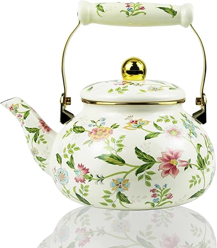 Hervidor de té esmaltado floral bohemio dorado beige tetera vintage boho agua caliente cafetera olla 2.5L porcelana tetera retro cocina decoración