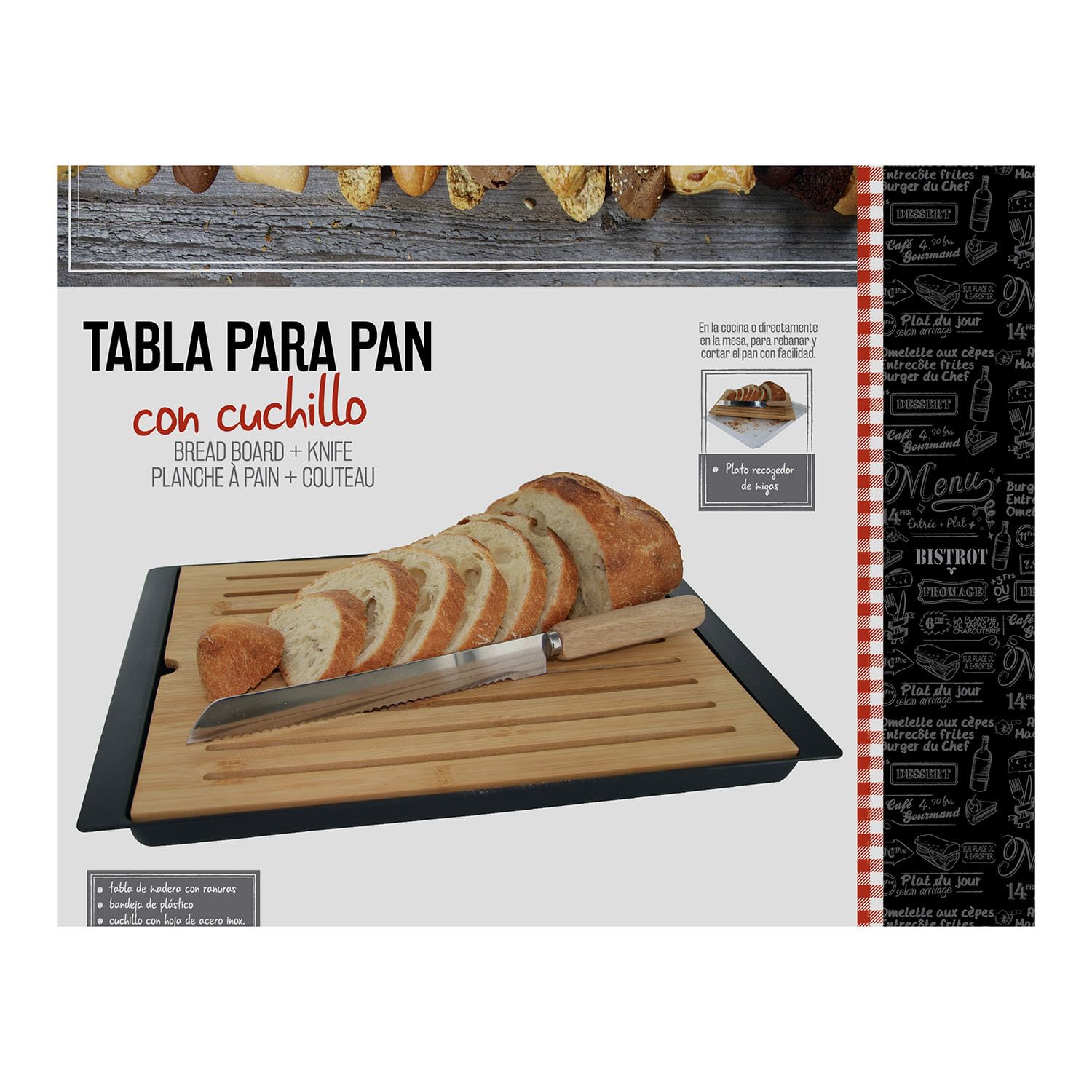 Totally Addict ka1630 Tabla de Pan con Cuchillo Madera Blanco/Negro 38 x 27 x 1,9 cm – Color Aleatorio