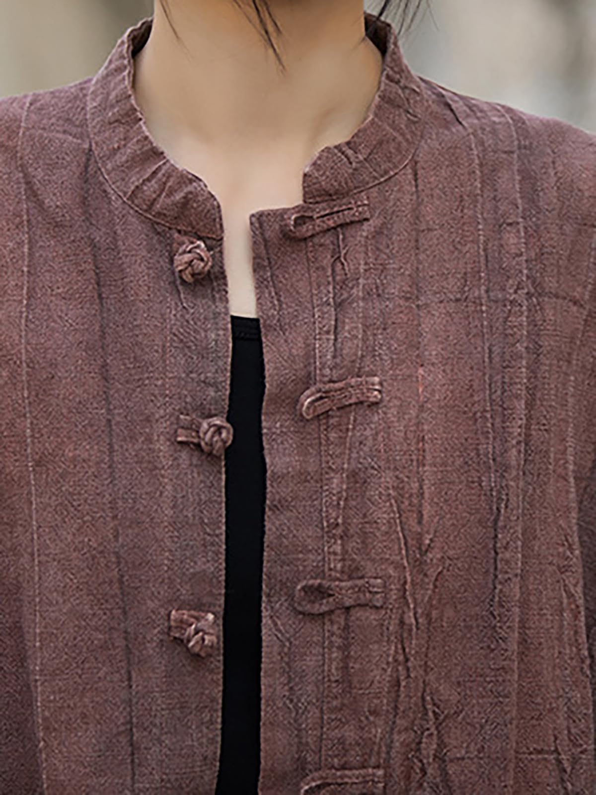 Camicie di lino da donna Camicette Oversize Kimono Vintage Giacche a maniche lunghe Vestibilità ampia Cinese Rana Pulsante Cape Trench Top