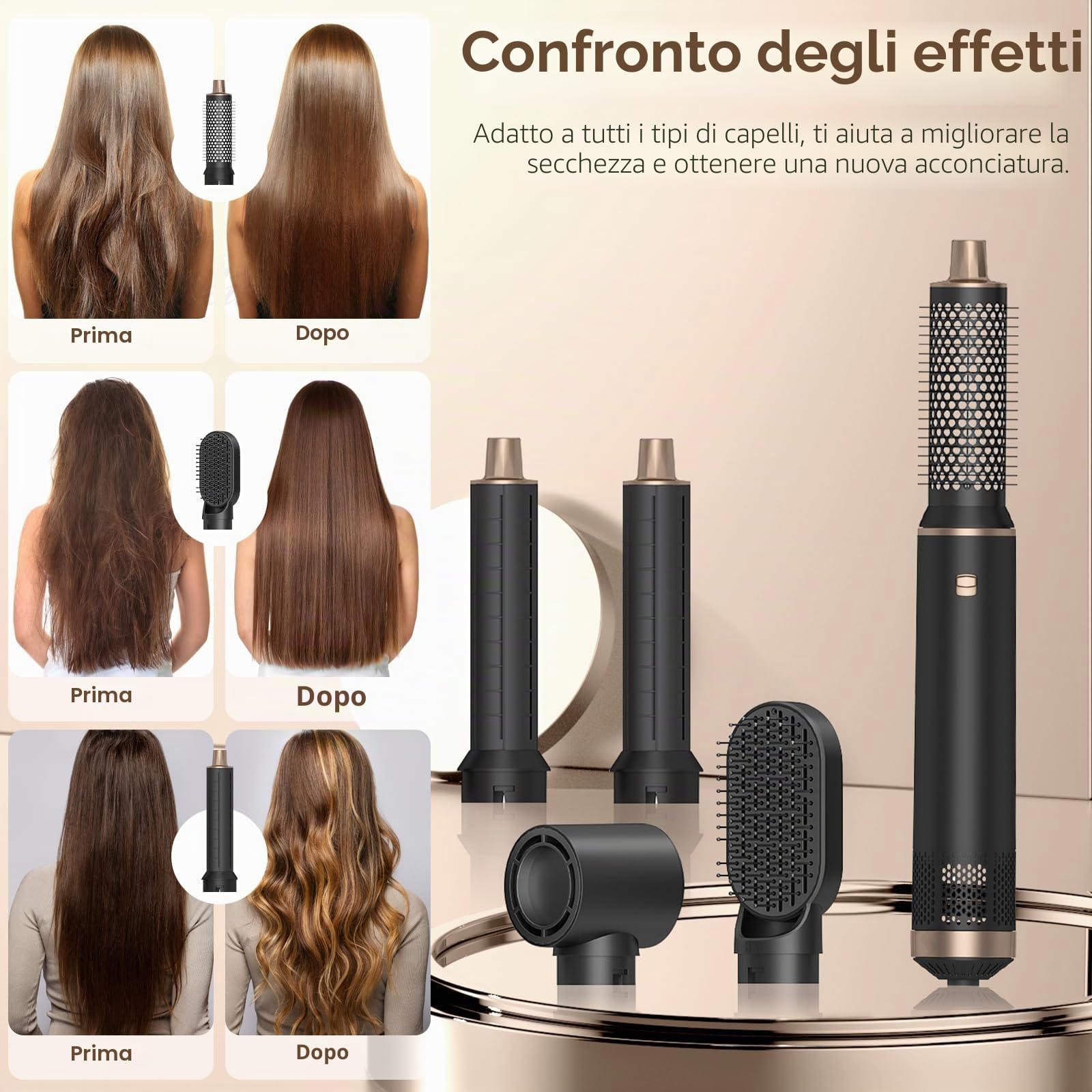 Spazzola Asciugacapelli Multifunzione, Air Styler 5 in 1, Ferro Arricciacapelli Ioni Negativi, Piastra con 5 Accessori, 3 Temperature, Spazzola ad Aria Calda per Asciugatura Raddrizzamento