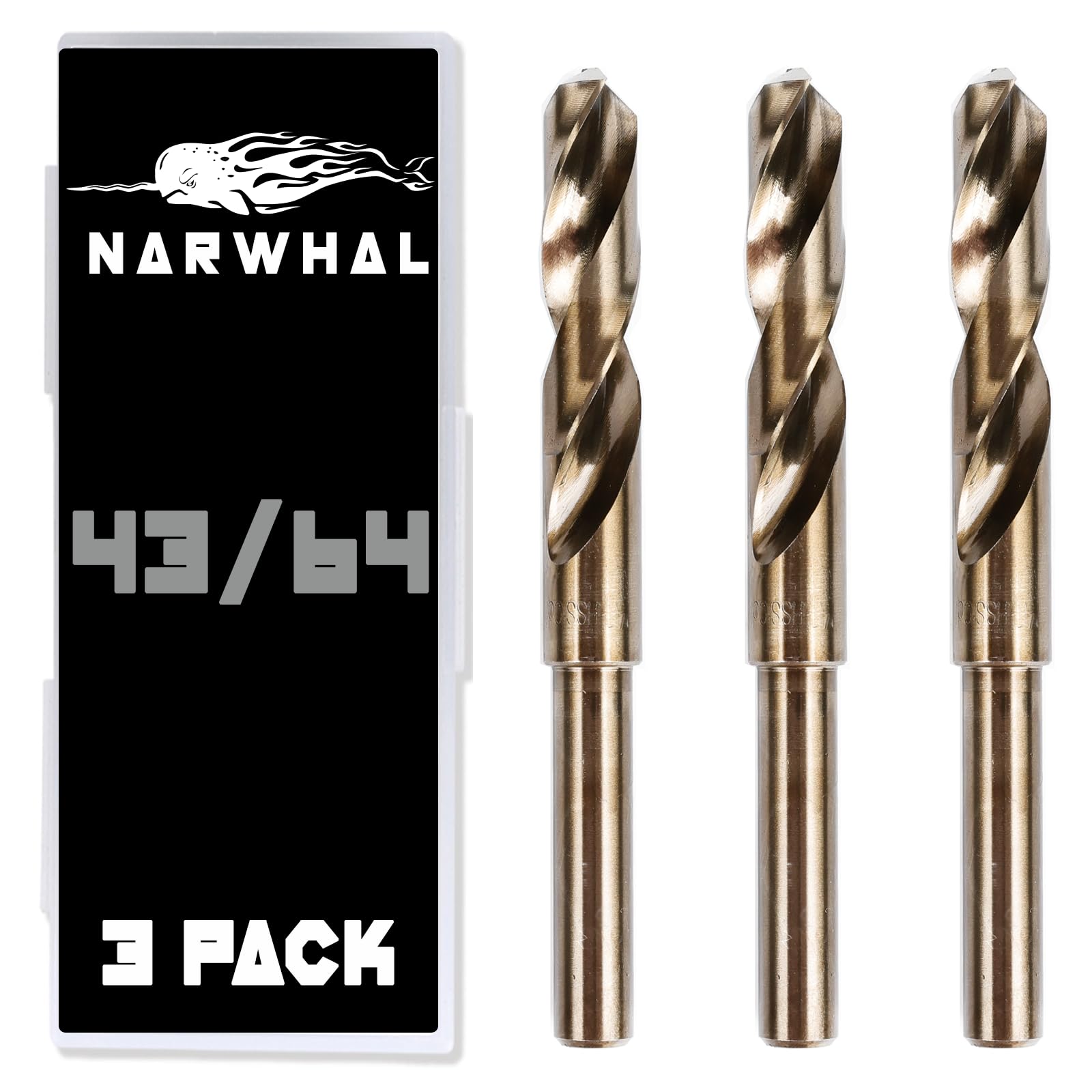 Narwhal 43/64 Cobalt Drill Bits - 3 Pack - 6 Inch Length - M35 Cobalt Drill Bits with Storage Case - Perfect for Metal, Stainless Steel, Cast Iron,