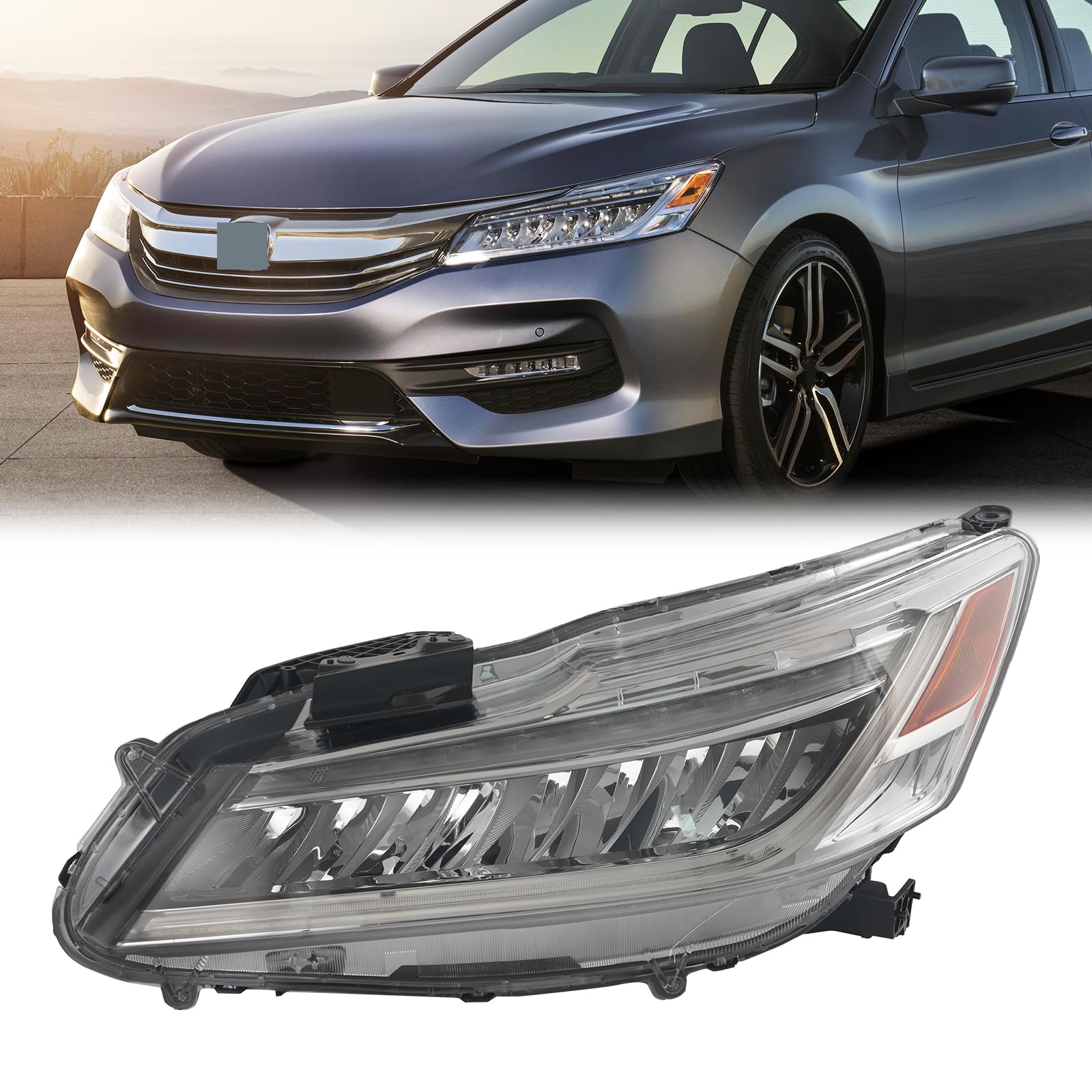 Partzer Full LED Headlight Assembly for 2016-2017 Honda Accord Sedan Headlamp with LED DRL Silver Bowl Transparent Cover Replacement Front Lamp Left