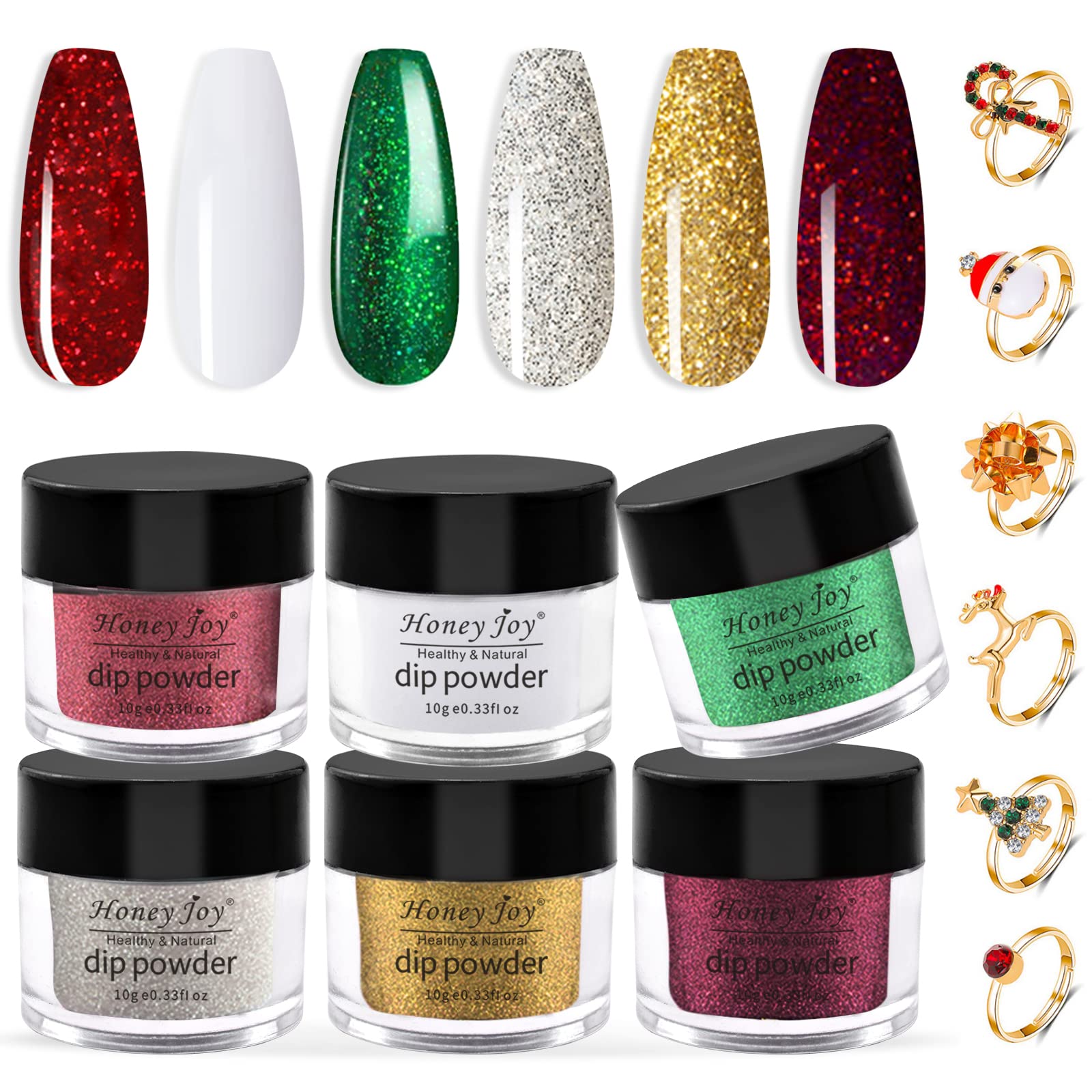 Honey Joy Dip Powder Set,Christmas Red Green Golden Glitter Fine Dipping Powder Colors No Need Lamp Cure,Like Gel Polish Effect,Even & Smooth Finishing (DP-Q-6pcs-10g/box) …
