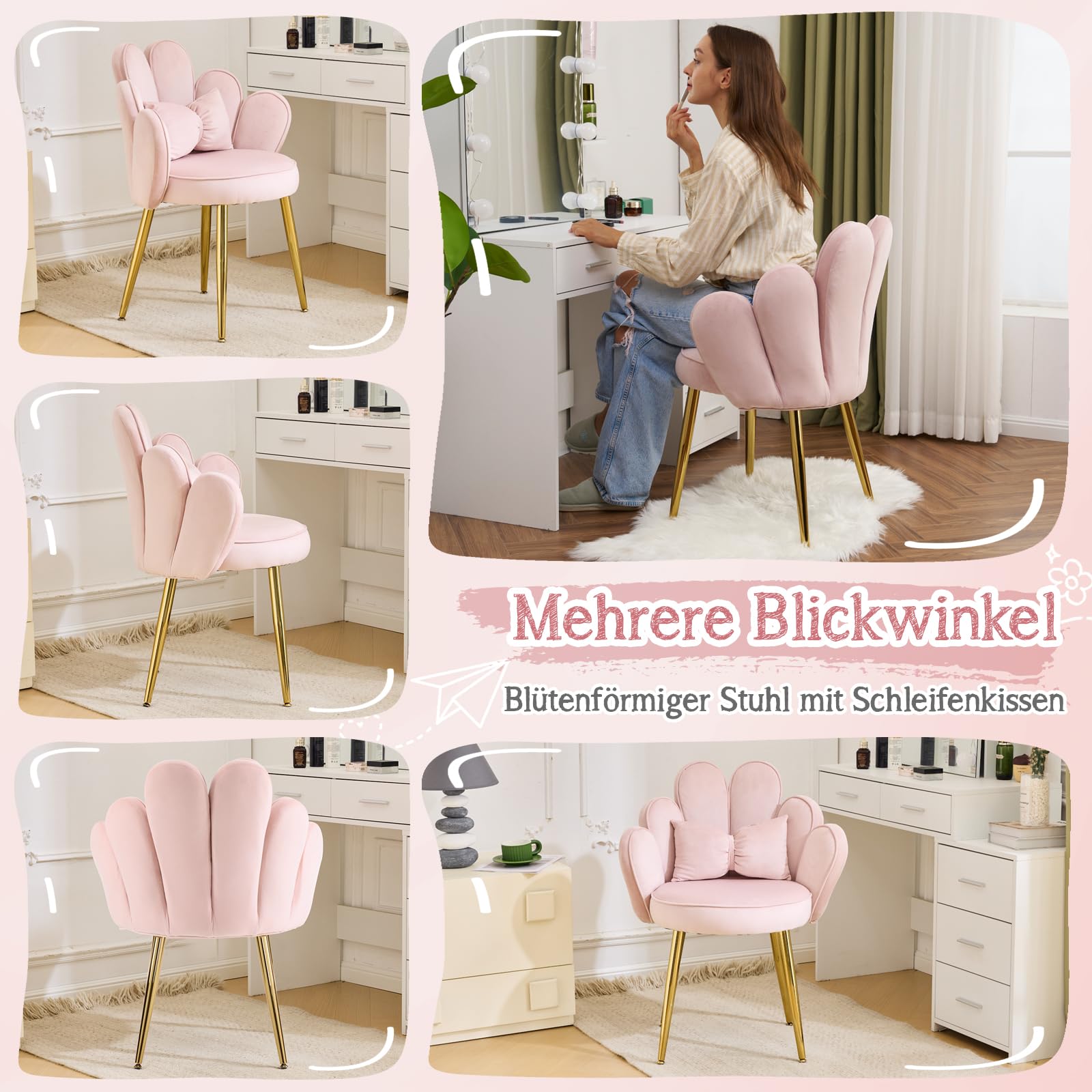 Bonnlo Schminktisch Stuhl mit Blütenblatt-Rückenlehne, Sessel Wohnzimmer, Schminkstuhl, Moderner Esszimmerstuhl mit verstellbaren Goldbeinen & Schleifenkissen für Schlafzimmer, Homeoffice, Rosa