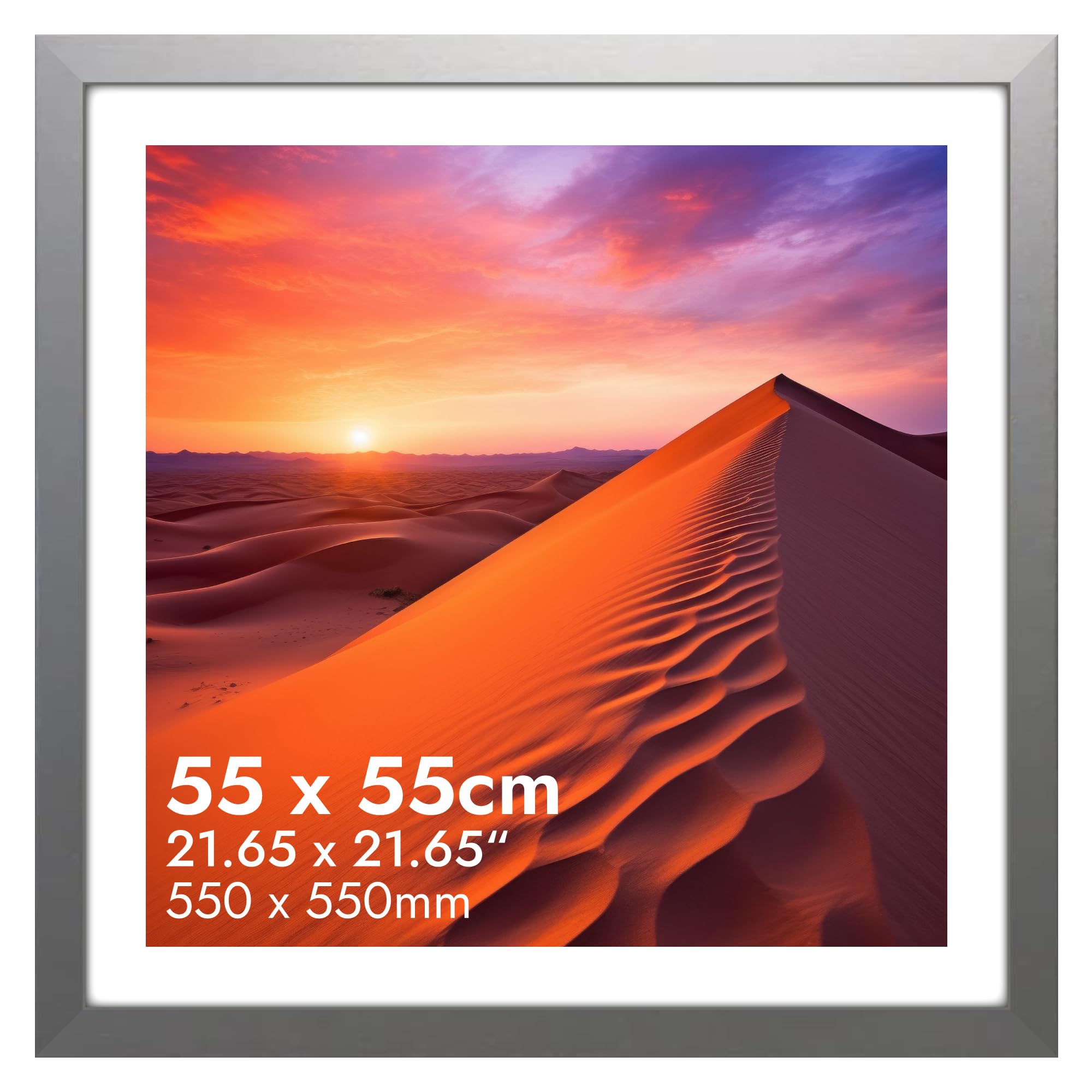 HNK Silver Square Picture Frames 55x55cm Engineered Wood and Plexiglass, Photo Frame 21x21 Inches Dual Orientation Landscape or Portrait, 550×550mm Square Frame Wall Hanging Display Photos