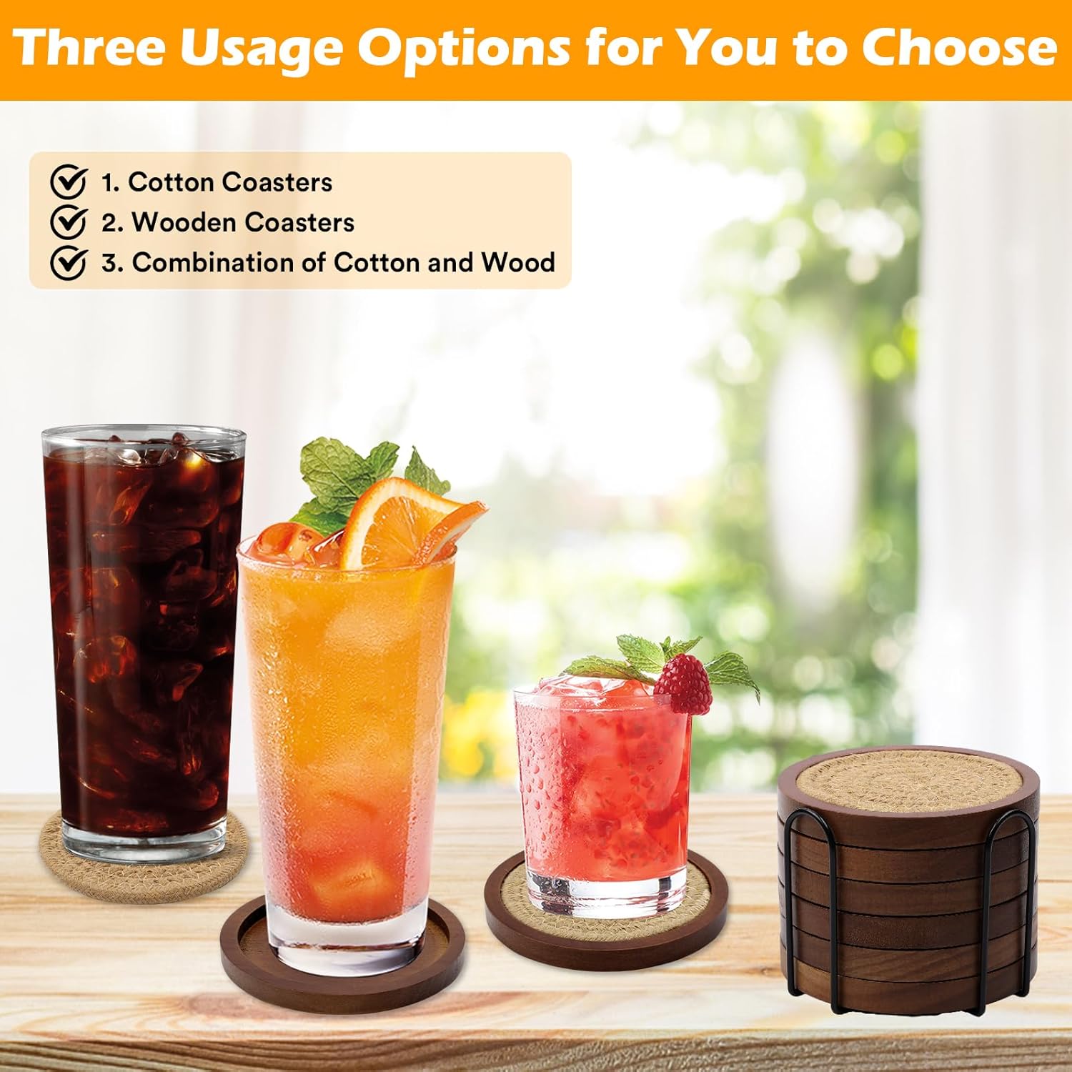 Mckanti 6 Pack Wood Coasters for Drinks with Cotton Coasters Insert, Wooden Coasters with Holder for Coffee Table Decor, Absorbent Coasters for Kinds of Cups, 4.3 Inches - Image 4