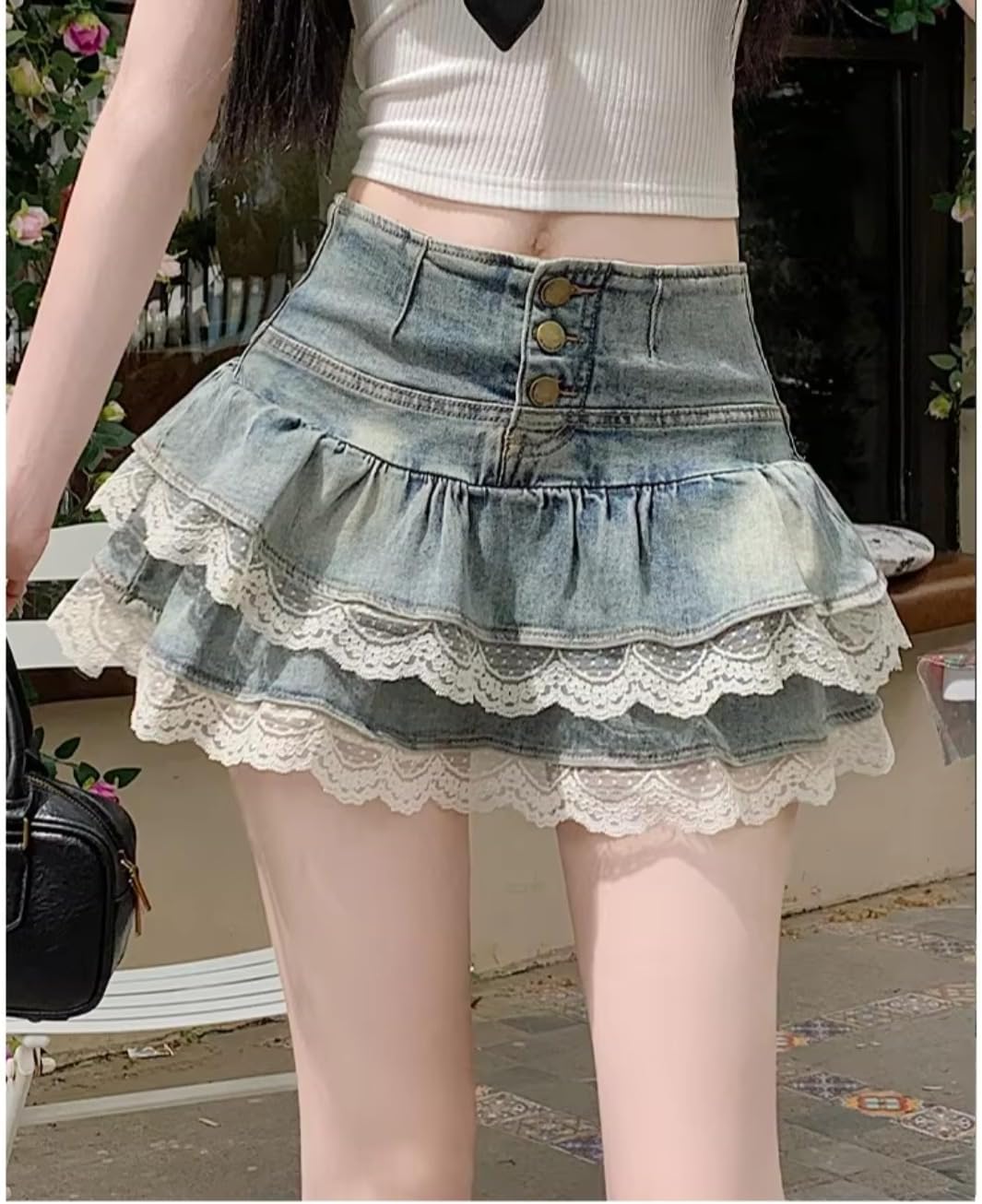 High Waist Button Layered Lace Hem Ruffle Mini Skort
