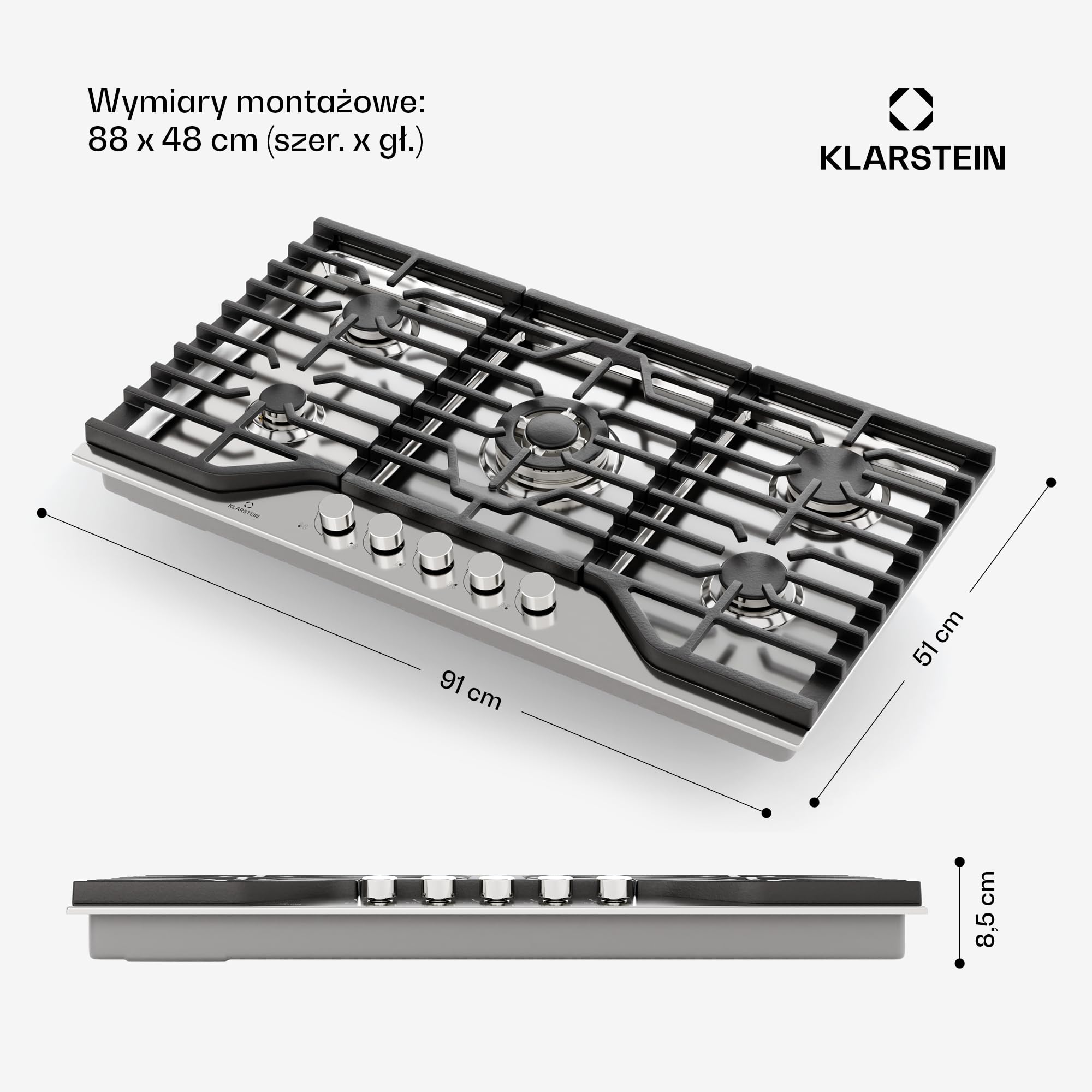 Klarstein Turbocast Płyta gazowa - 5 palników, Stal nierdzewna 304, Palnik wok 3,4 kW, Żeliwne podstawki, Zapłon elektryczny, Zabezpieczenie odcinające, Zestaw do przezbrojenia na LPG, Płyta gazowa