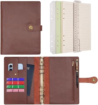 Wonderpool A5 Binder Journal Leather Spiral Notebook Refillable College Ruled Paper, Budget Binder Rings Diary Organizer with Pen for Office School Travel Business Planning Writing Coffee,A5