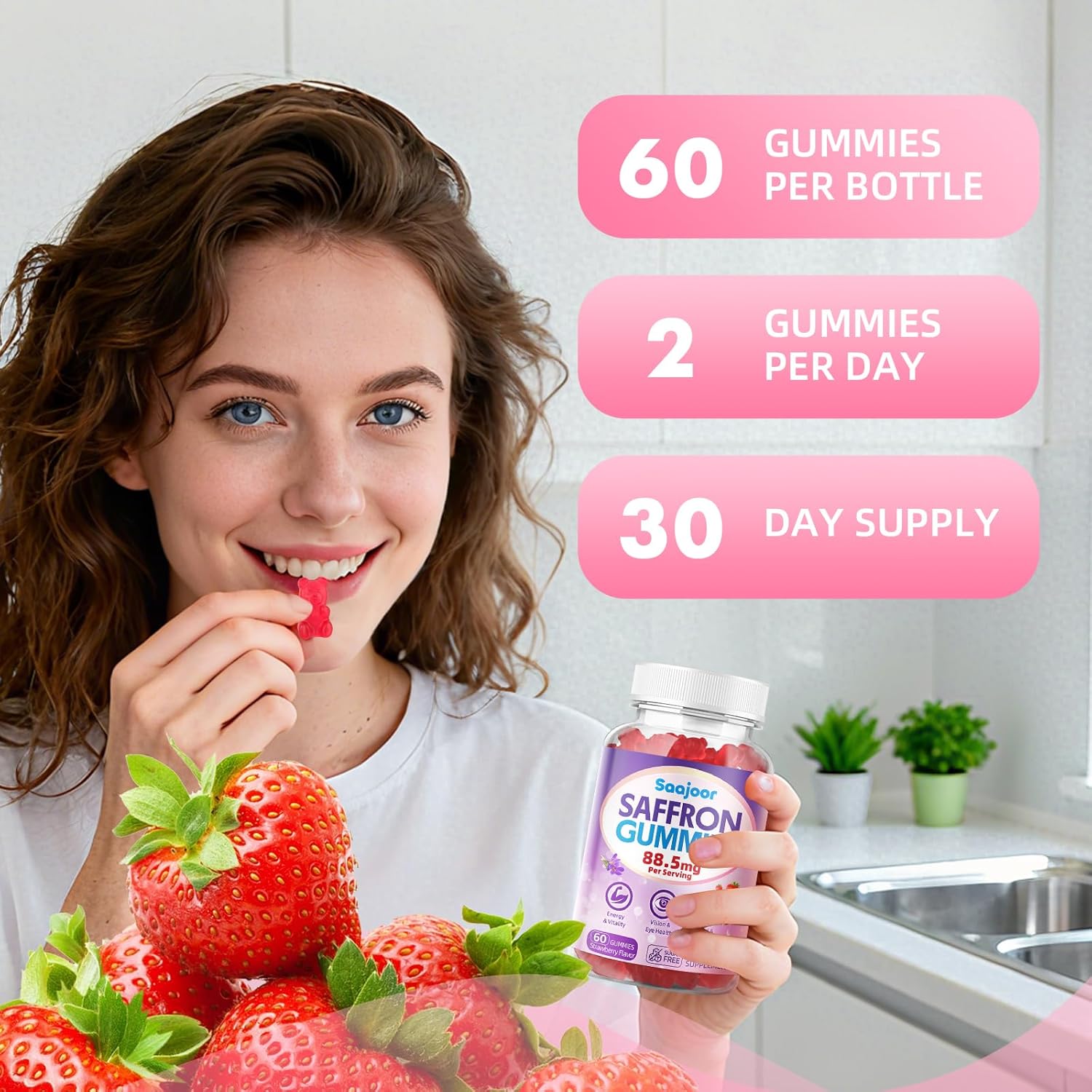 Saffron Gummies for Adult Kids - with Saffron 88.5mg, Vitamins D3 & B6, Magnesium, Zinc, Ashwagandha, L - Theanine, St. John's Wort - Supports Mood & Focus, Strawberry Flavor, 60 Count - Image 7