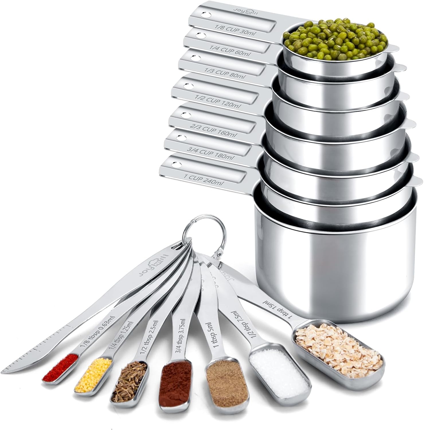 Measuring Cups and Spoons Set of 15 Piece, Metal Stainless Steel Measuring Cups and Spoons Set for Baking Cooking, Dry and Liquid Ingredients (15pcs Silver)