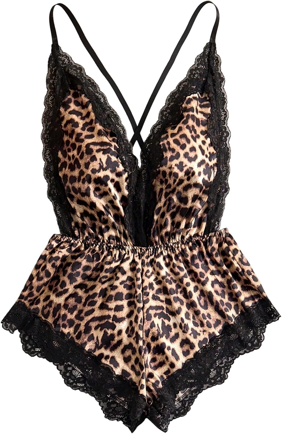 OYOANGLE Women's Cheetah Print Satin Lingerie Bodysuits Leopard Lace Trim Criss Cross Teddy Babydolls