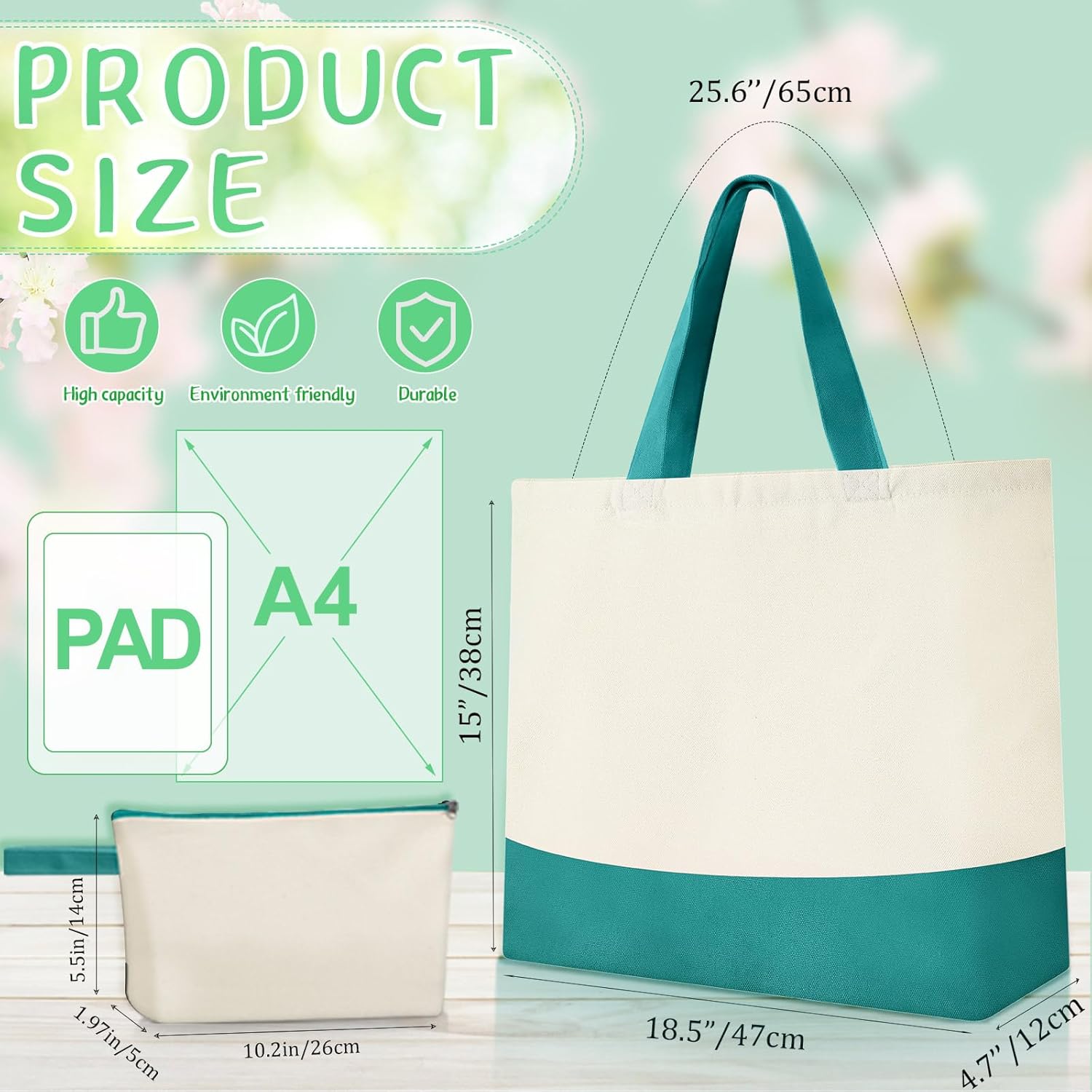 Sanwuta 24 Pcs Canvas Tote Bags Bulk with Zipper Cosmetic Bags 18.5" Cotton Canvas Bag with Handles Reusable Shopping Bags - Image 2