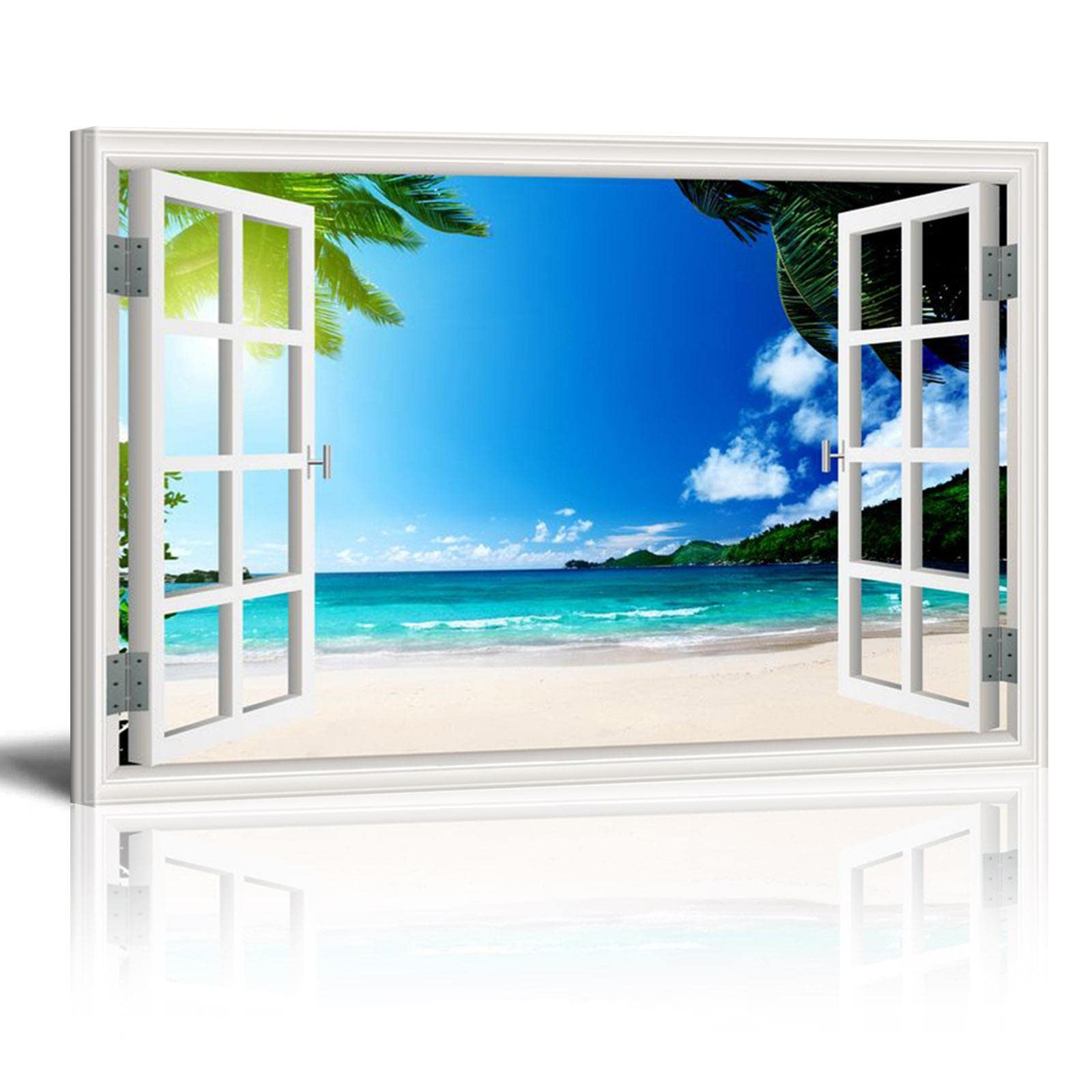 HOLEILUCK Landscape Beach Sunset View 3D Window Effect Canvas Painting Seascape Posters and Prints Wall Art Pictures Home Decor 110x70cm/43x28in With Frame — image 1