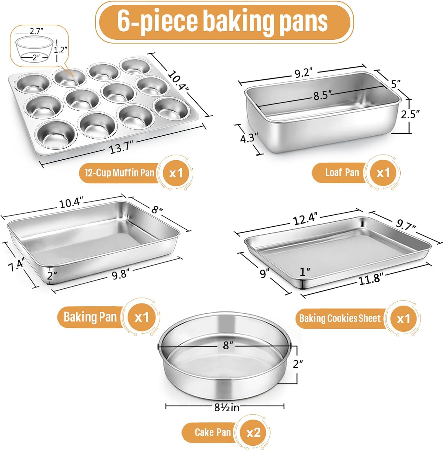E-far 6-Piece Baking Pans set, Stainless Steel Bakeware Set for Oven image 2