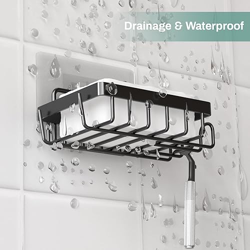 Miniatura 5 de Gaclibl Soporte adhesivo para barra de jabón para pared de ducha, contenedor de jabonera autodrenante con 2 ganchos para esponja de afeitar de acero