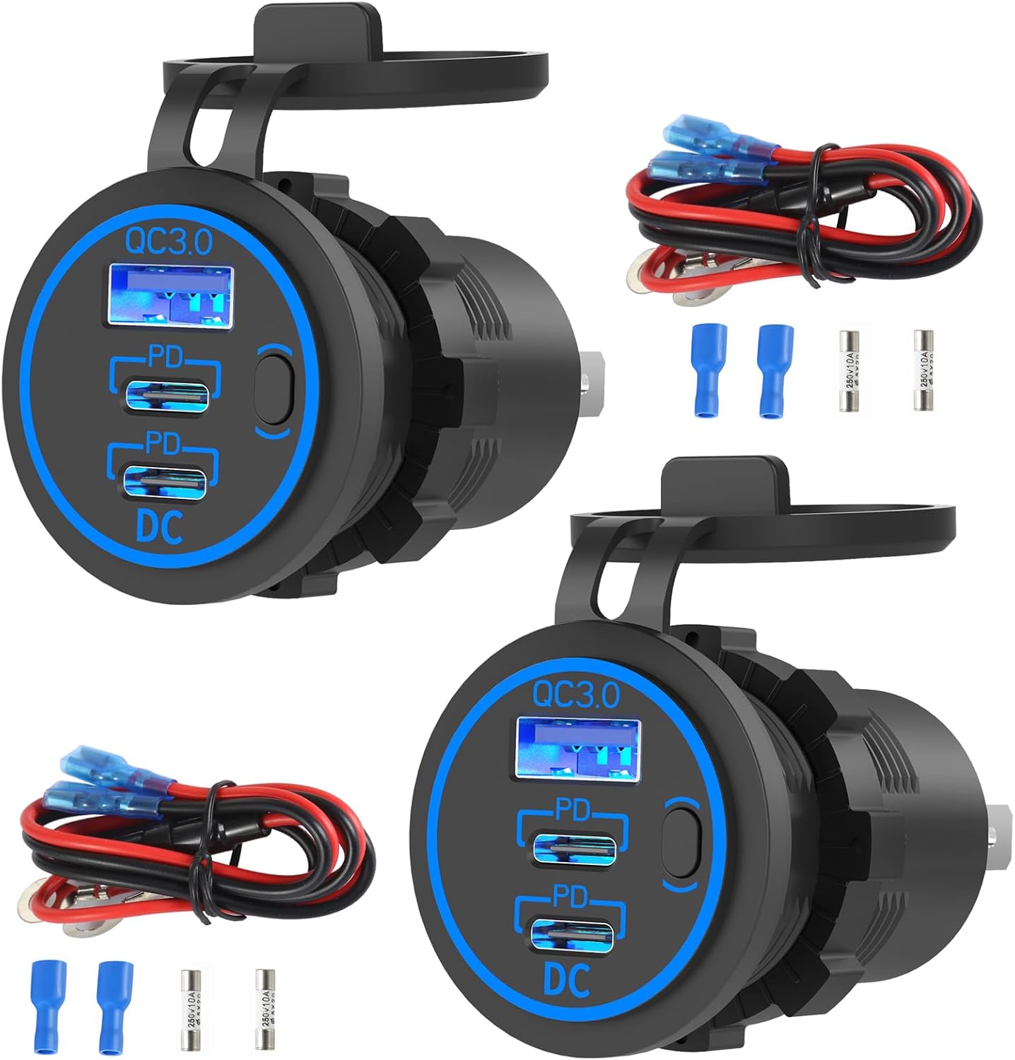 2 Pack USB C Car Charger Socket 12V USB Outlet, 78W Dual 30W PD and 18W QC3.0 Multi Port Cylinder Charger with Button Switch Waterproof for Car Boat RV Marine Golf Cart Truck Bus Motor etc.
