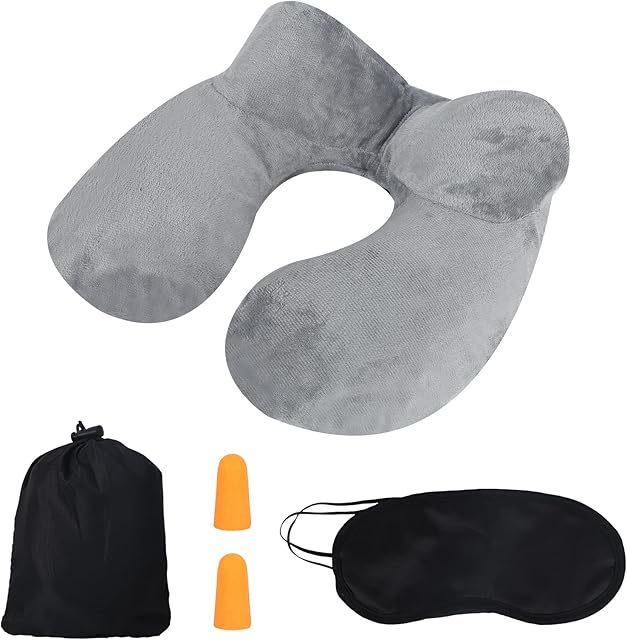Travel Pillow, Memory Neck Pillow Head Support Pillow,3Pcs Inflatable and Portable Pillow Set with Matching Eye Cups and Ear Plugs for Sleeping Rest, Airplane and Car (Gray)