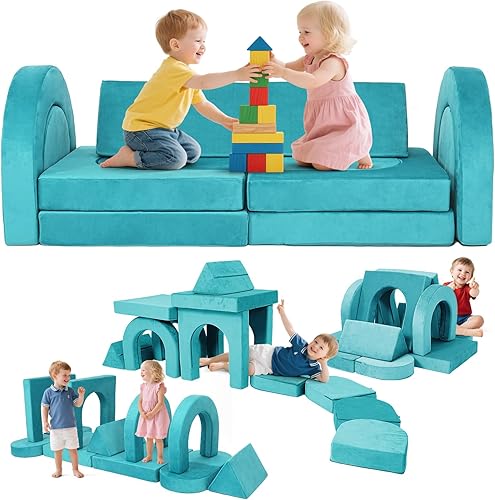 Miniatura 15 de Sofá modular de juego para niños, 13 piezas, sofá de espuma de alta densidad, muebles de sala de juegos convertibles con funda de terciopelo suave