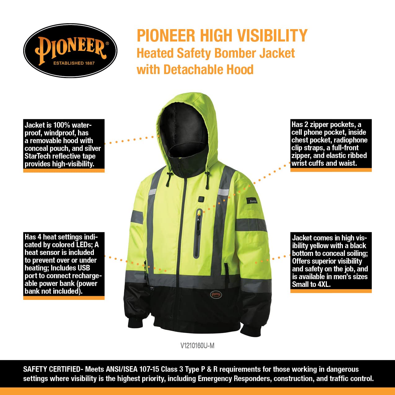 Lowest Price PIONEER High Visibility, Waterproof, 300D Nano Tech Heated Safety Bomber Jacket with Detachable Hood, Reflective Tape, Yellow, V1210160U-M, Medium