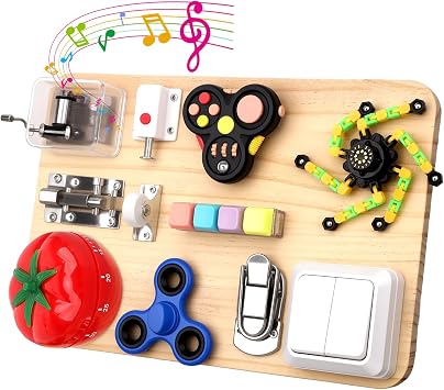 Montessori Busy Board Wooden Fidget Sensory Toy for Toddlers, Activity Board Educational Travel Toy for Plane Fine Motor Skills Gift for Boy Girl