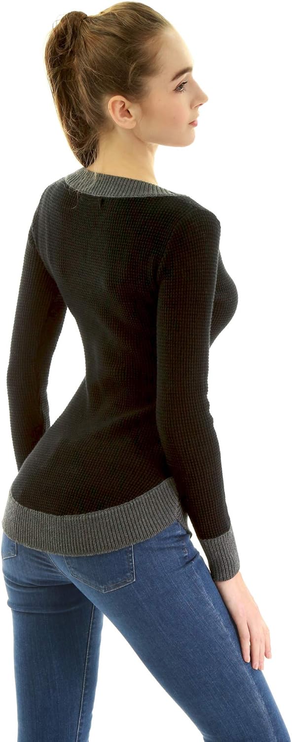 AmélieBoutik Women Cotton Blend V Neck Color Block Long Sleeve Curve Hem Sweater - Image 5