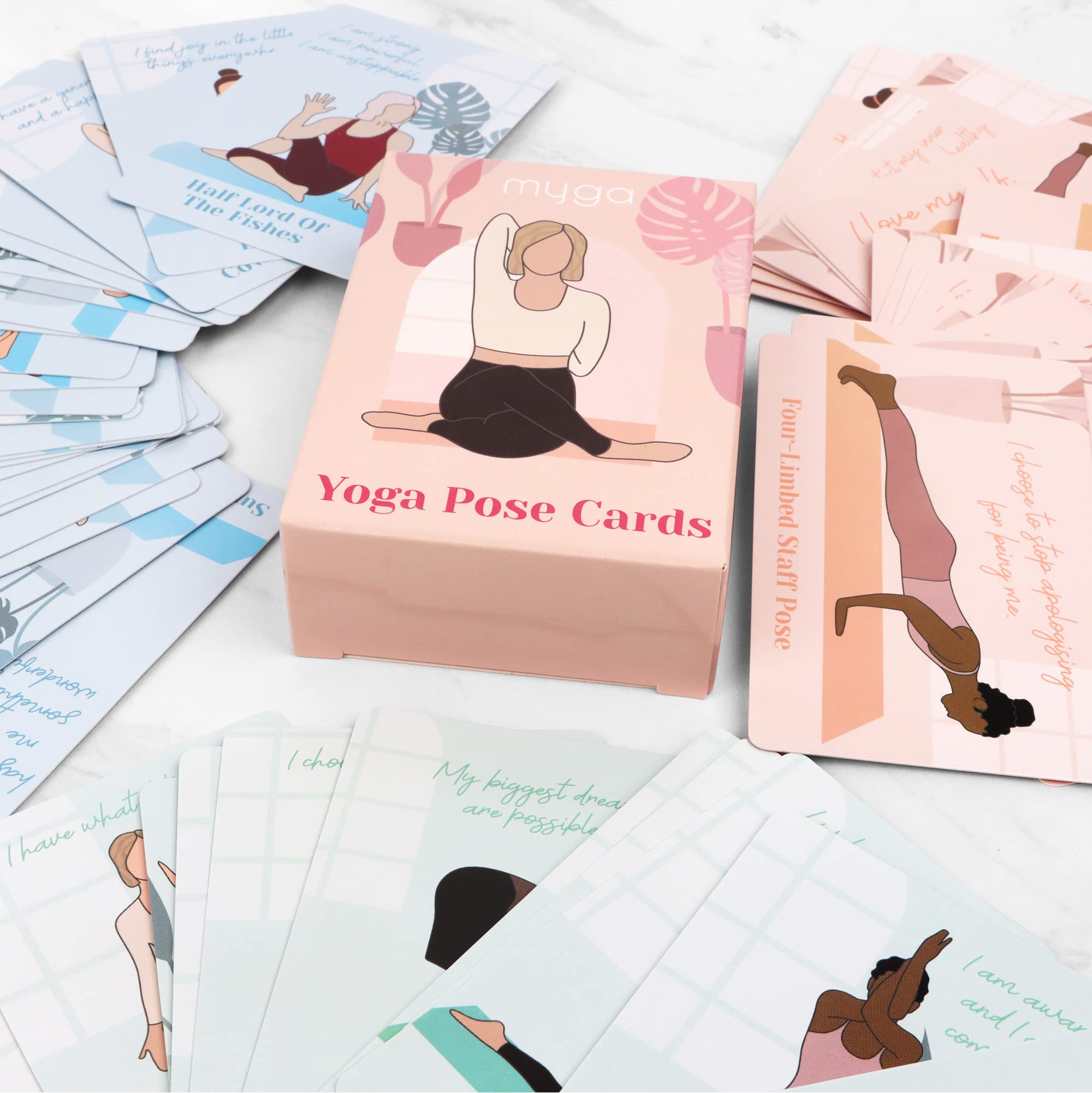 Myga Lot de 70 cartes d'exercices pour yoga, fitness et séquençage – Mini cartes de yoga avec noms en sanskrit pour débutants et avancés – Taille compacte pour la maison, la salle de sport, les