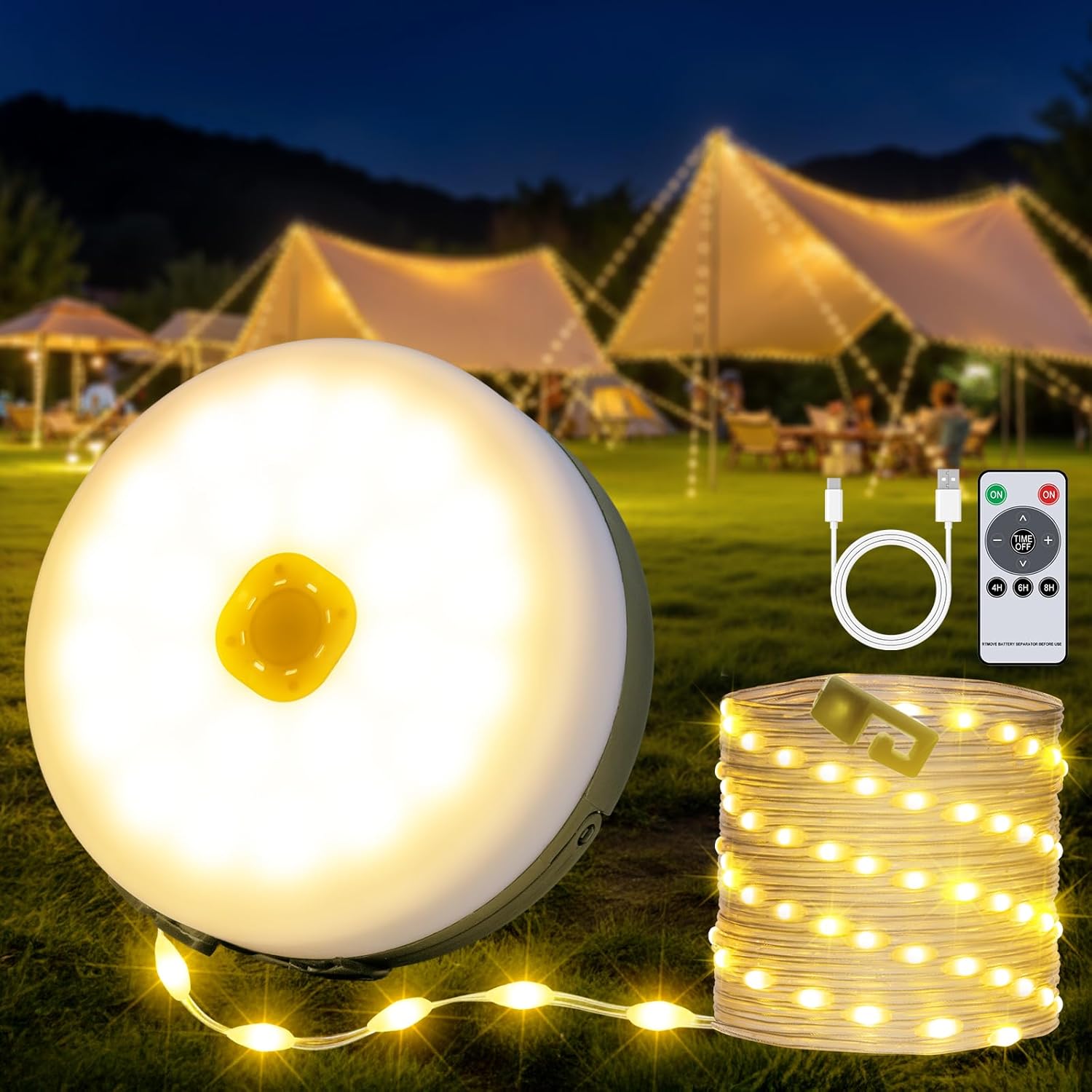 Camping String Lights, 4 in 1 Portable Camping Lights Rechargeable with 8 Lighting Modes, Remote Control, Quick Storage, 33FT Waterproof Tent Lights for Hiking, Yard, Party, Christmas Decor