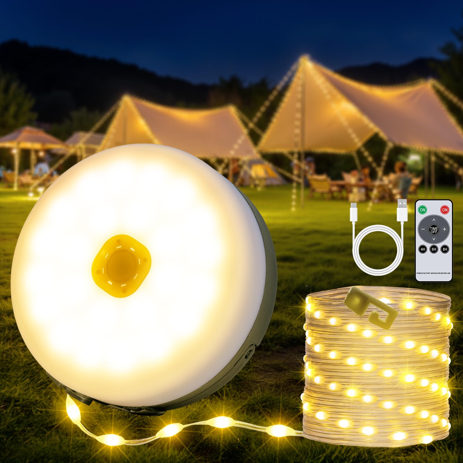 Camping String Lights, 4 in 1 Portable Camping Lights Rechargeable with 8 Lighting Modes, Remote Control, Quick Storage, 33FT Waterproof Tent Lights for Hiking, Yard, Party, Christmas Decor