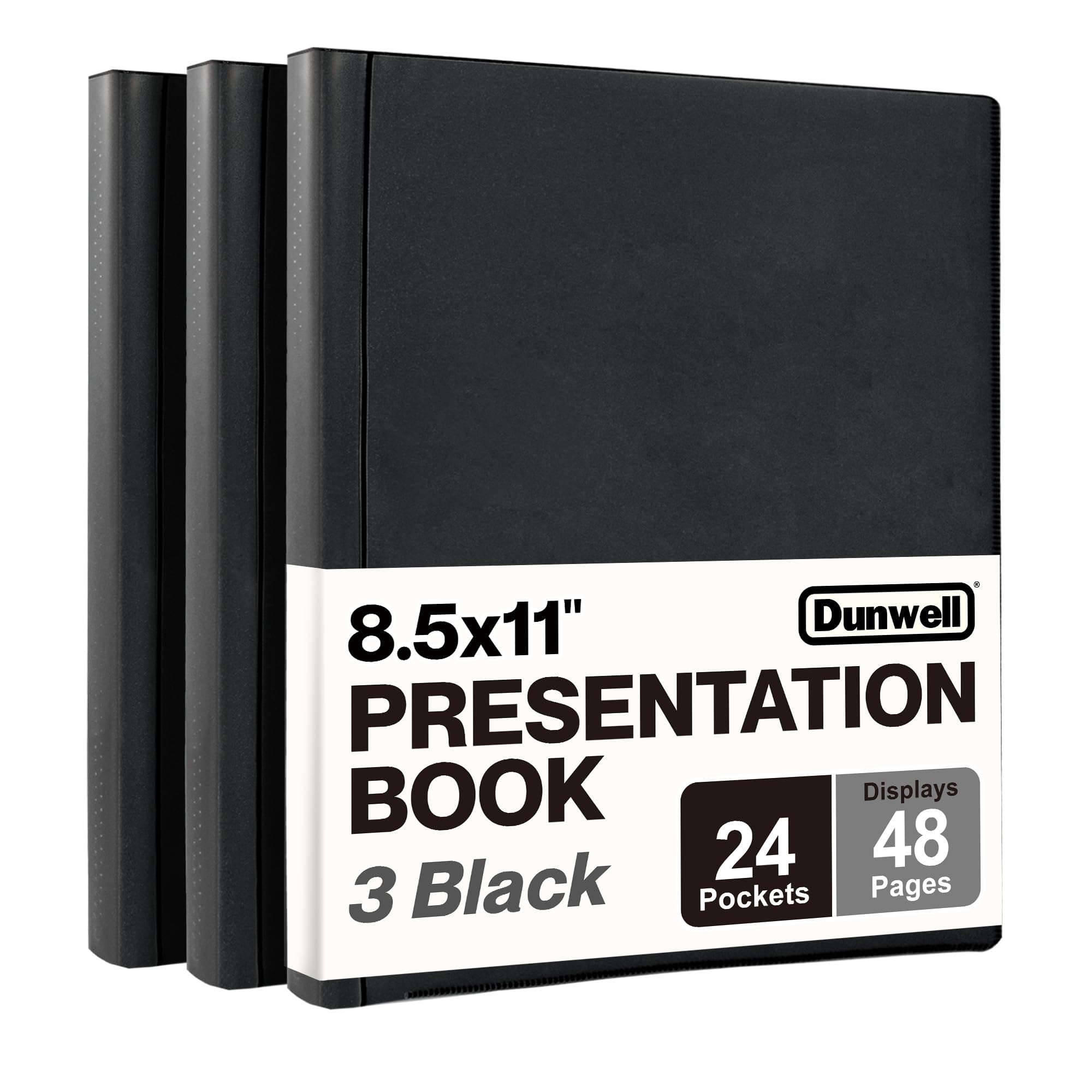 Dunwell Presentation Binder 24-Pocket, Displays 48 Pages, 8.5x11 Portfolio Binder with Plastic Sleeves, Storage and Organizer for Documents, Certificates, Projects, Photos (3 Pack, Black)